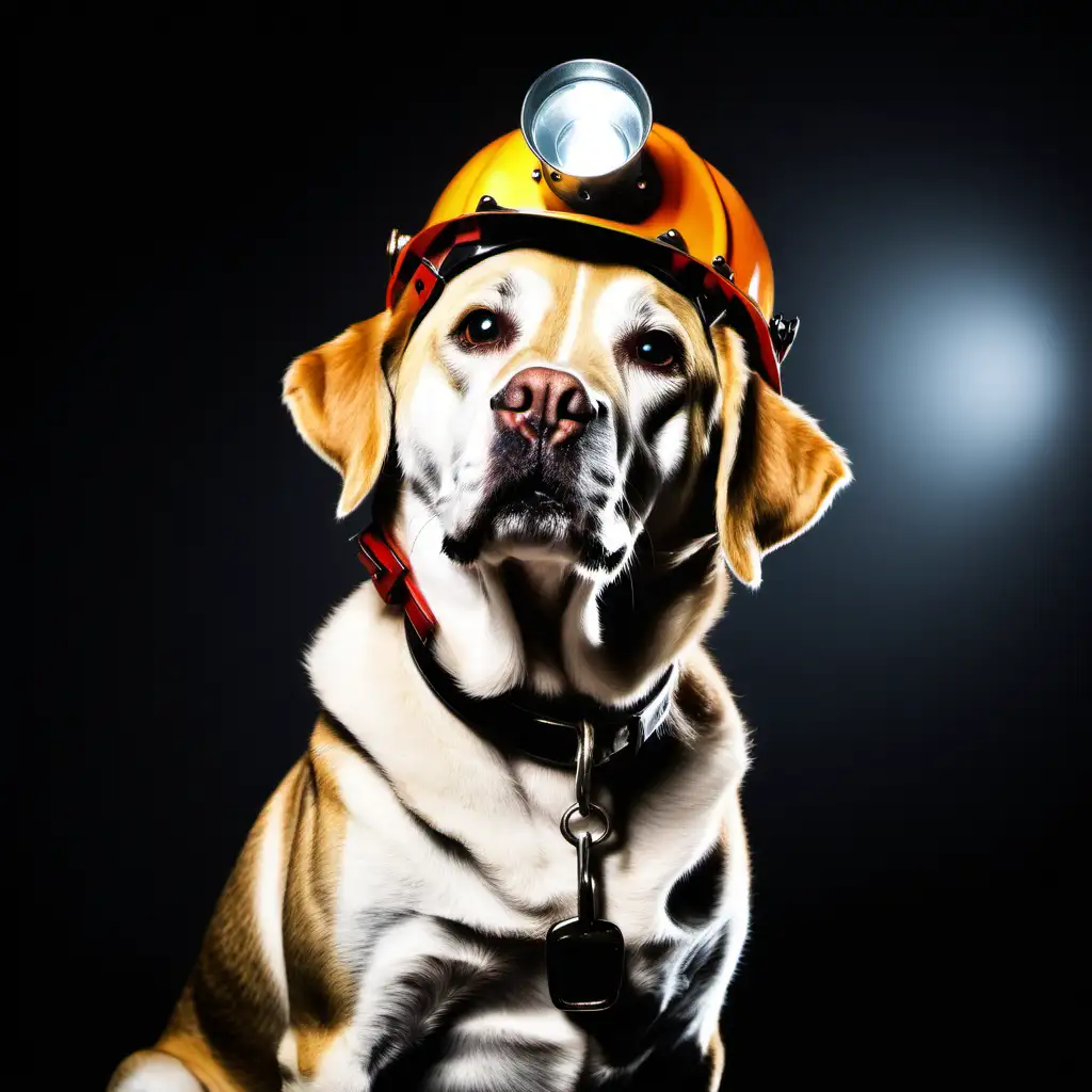 Canine Miner with Helmet Lamp in Subterranean Exploration