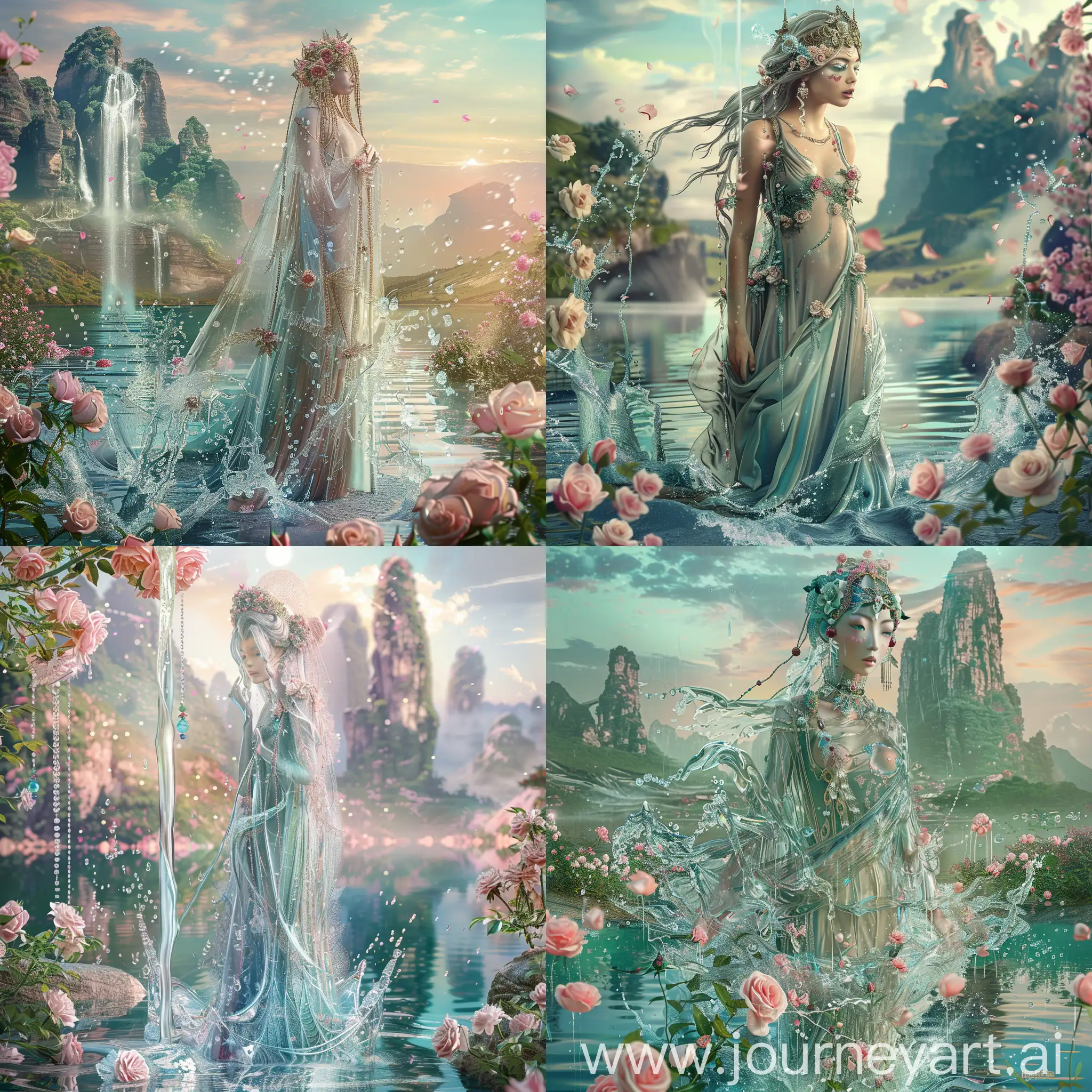 Enchanting-Water-Nymph-in-Flowing-Dress-Amidst-Serene-Mountain-Lake