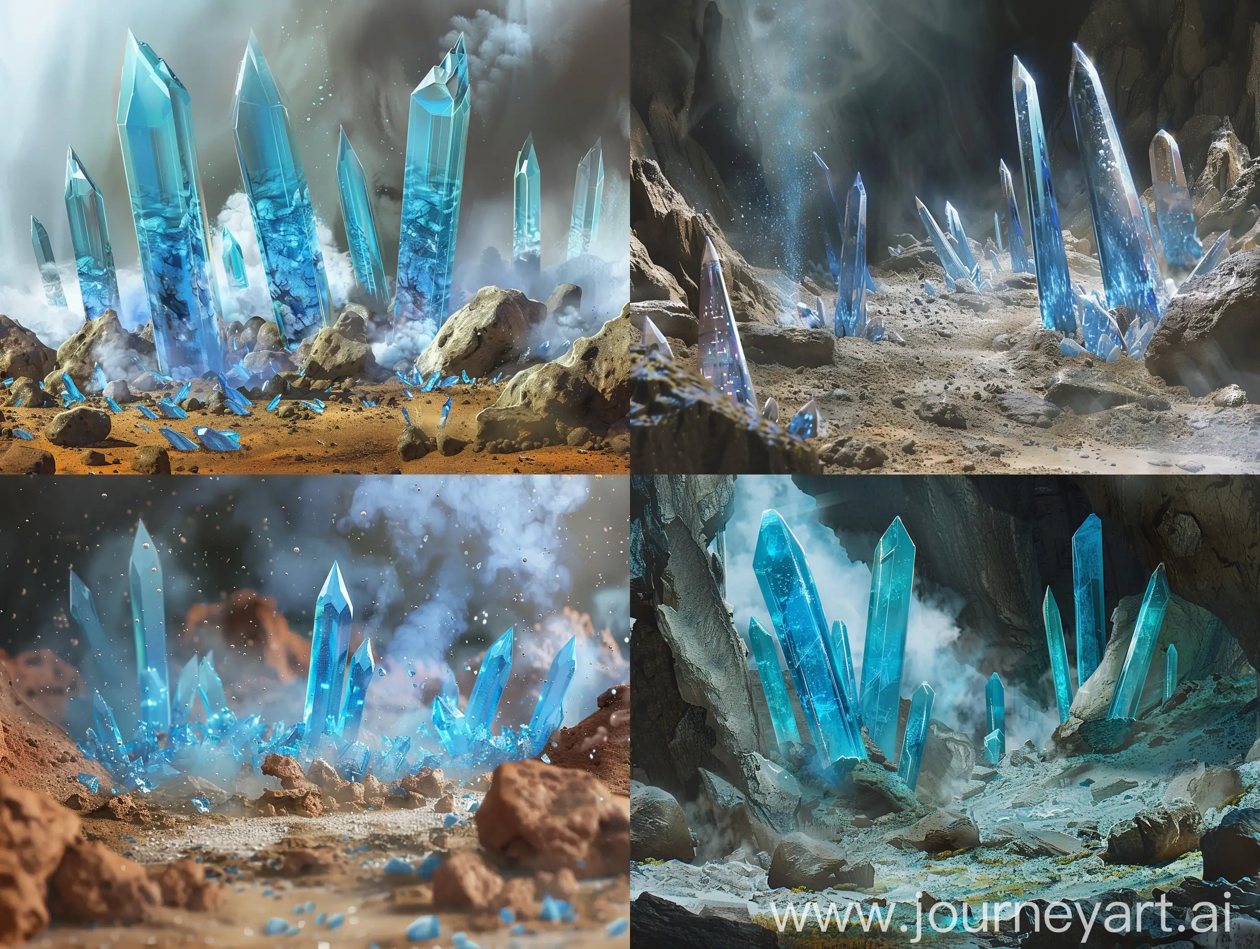concept art, rock soil, vapor, blue crystals, perspective, details