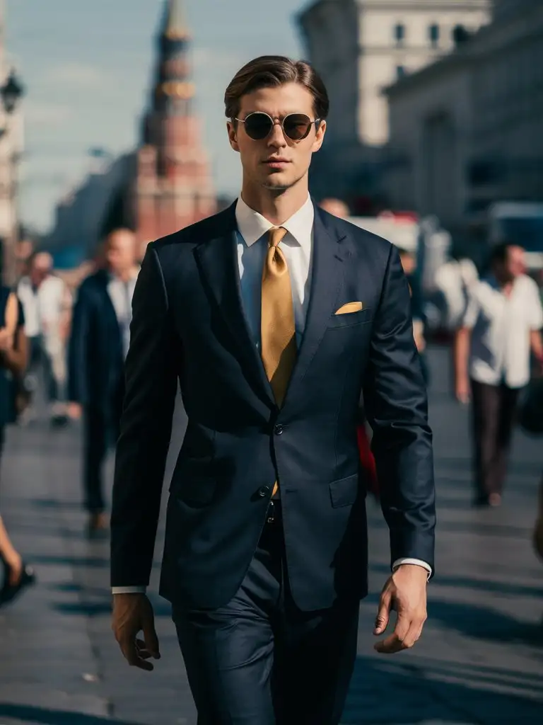 Высокий брюнет, без бороды, в деловом костюме с жёлтым галстуком и солнцезащитных круглых очках гуляет по Москве