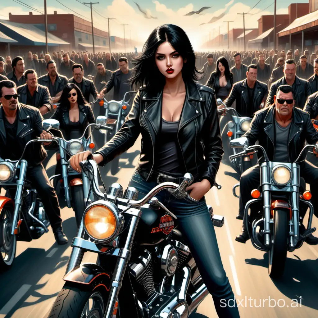 beautiful black haired girl, leather jacket, Harley Davidson, highway, surrounded by a lot of men, illustration, Wide Shot