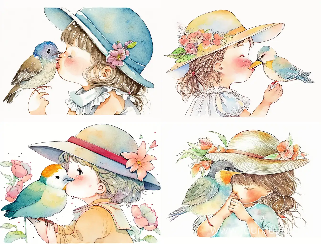 Adorable little girl with big hat kissing a cute bird, cute, vintage, whimsical, pastel color, soft colors, watercolor, by Sarah Kay, white background