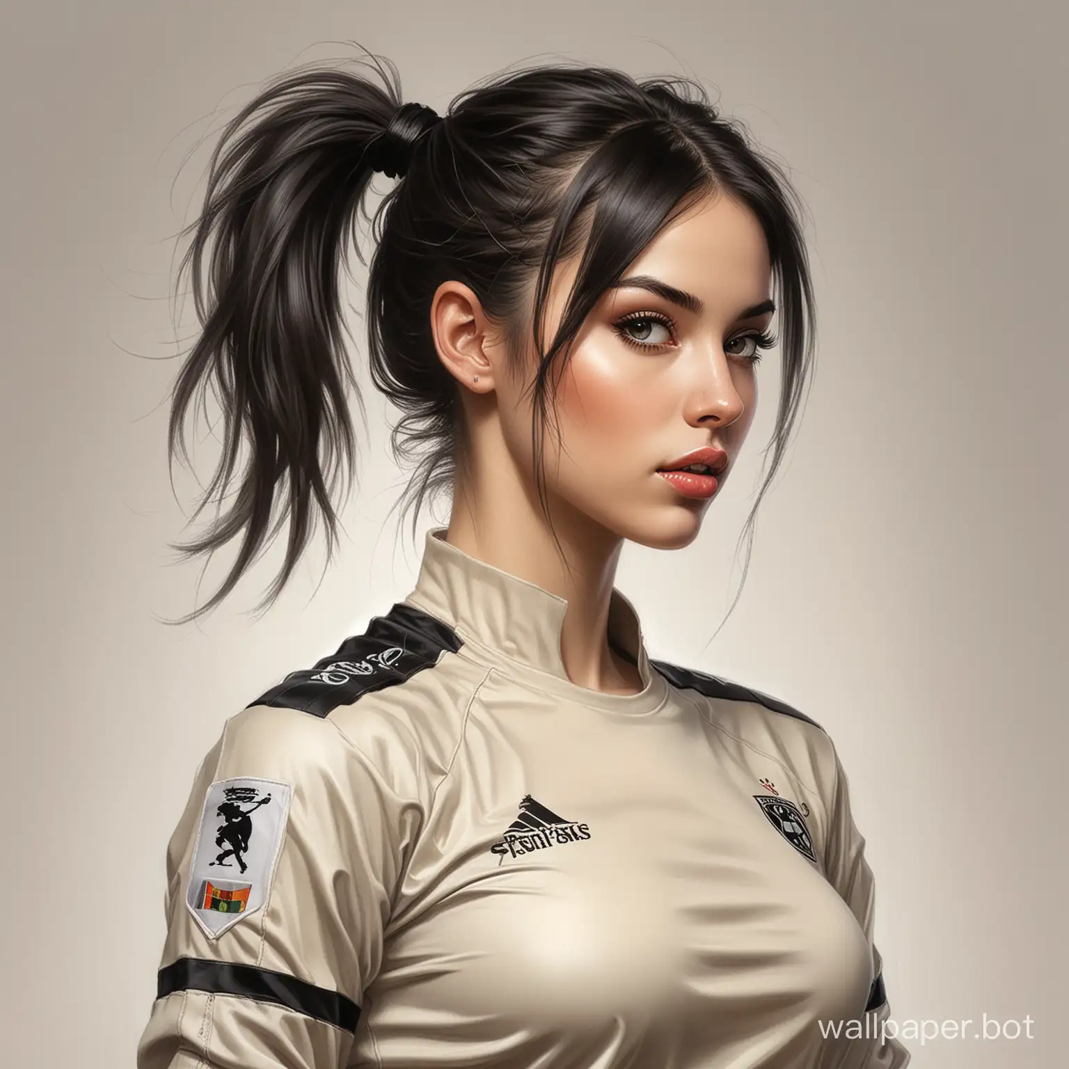DarkHaired-Beauty-Oksana-Pochepa-in-BeigeBlack-Soccer-Uniform-Portrait