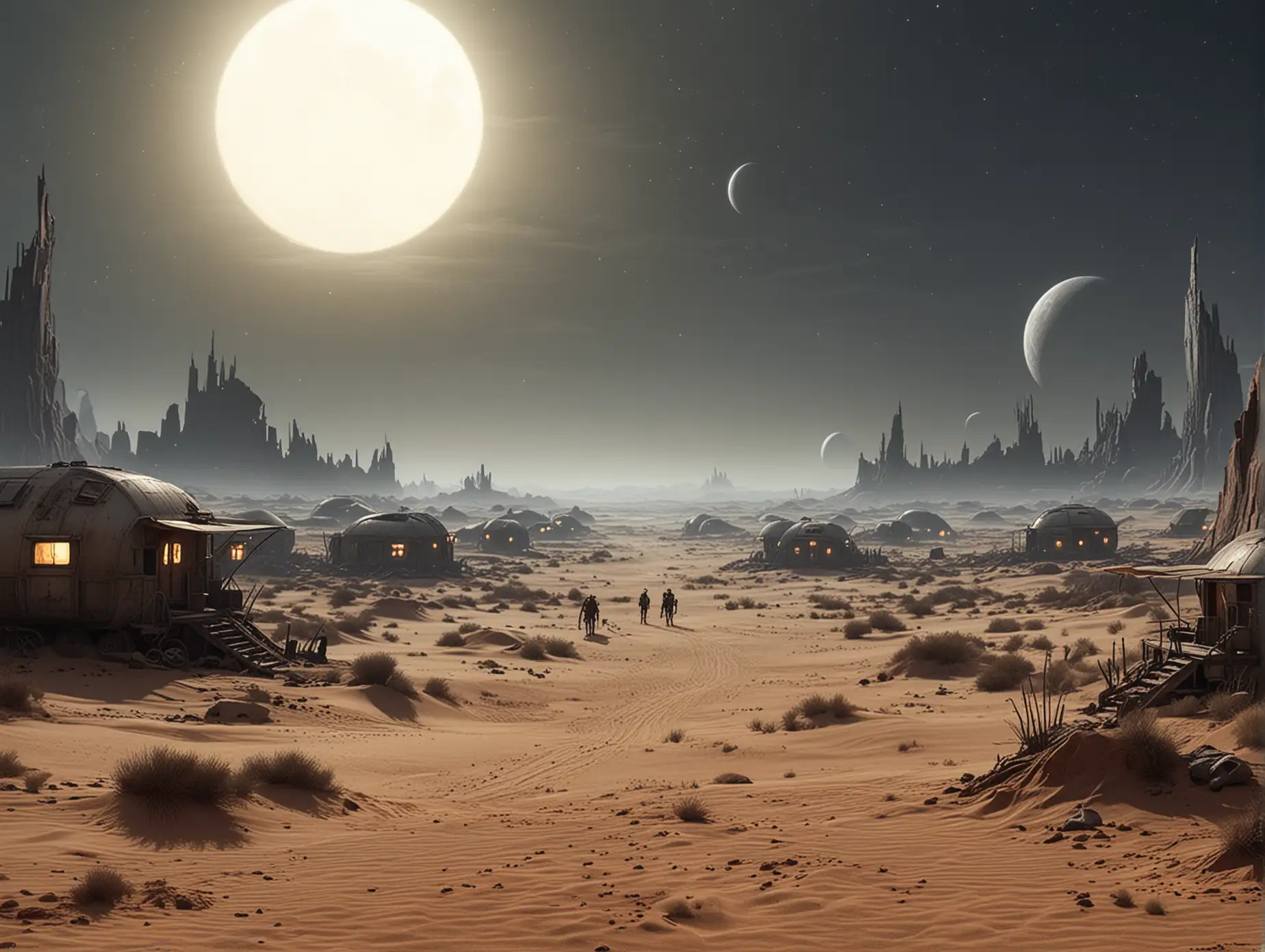another world view like dune night with 2 moon. post apocalyptic settlement in back . caravan moving city