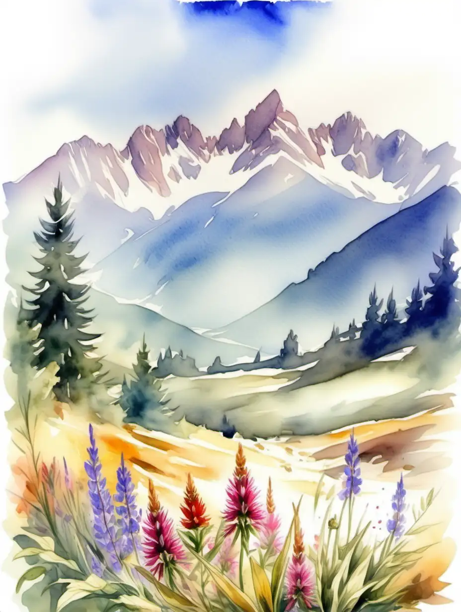 Colorful Wildflowers Landscape with High Tatras Mountains Watercolor Painting