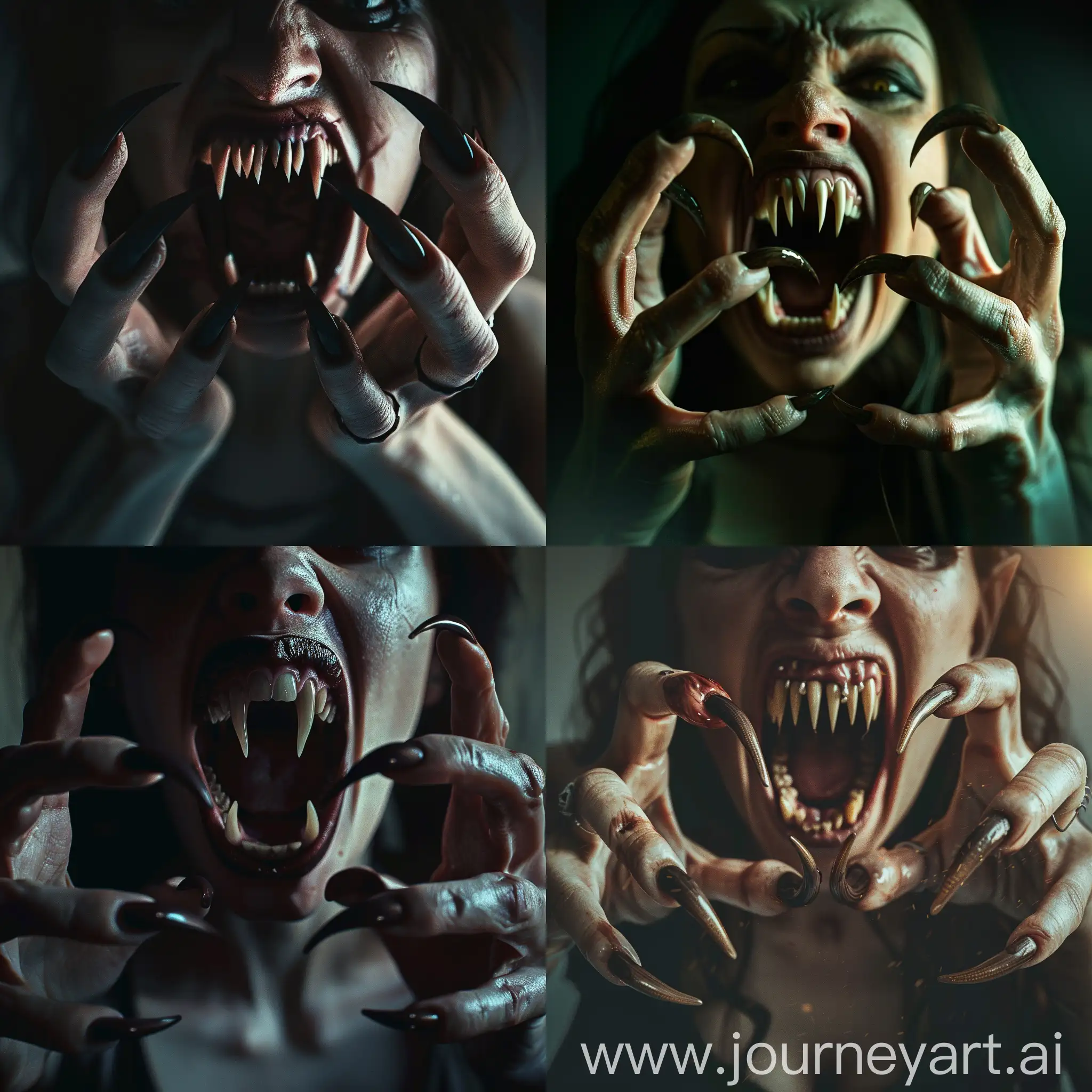 A horrifying nightmare scene of aggressive vampire woman with extra long curved pointed nails like beast claws on her five-fingered hands, her mouth is open with pointed sharped teeth, resembling fangs, she attacks you, scene inside darkness, hyper-realism, cinematic, high detail, photo detailing, high quality, photorealistic, terrifying, aggressive, sharp teeth-fangs, dark atmosphere, realistic detailed, detailed nails, atmospheric lighting.