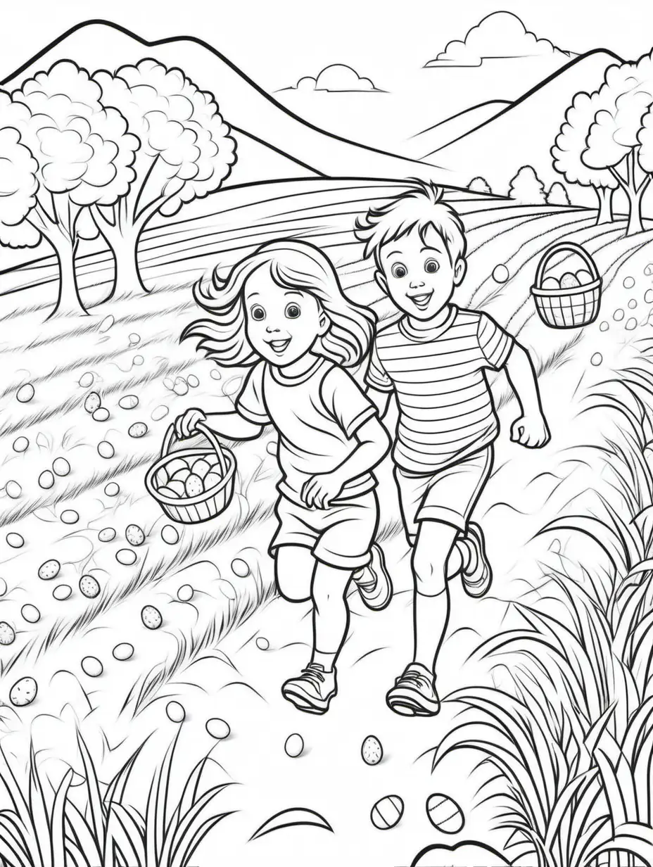 coloring page for kids, solid thick line, kids on easter, easter egg hunting, running through field with baskets, looking
