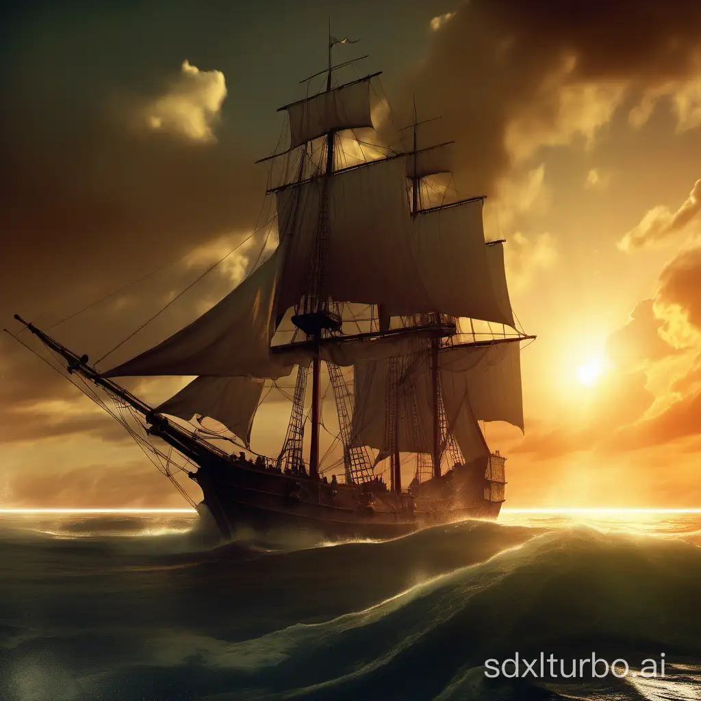 concept art A Dutch trading ship setting sail into the sunset, its sails billowing in the wind. digital artwork, illustrative, painterly, matte painting, highly detailed