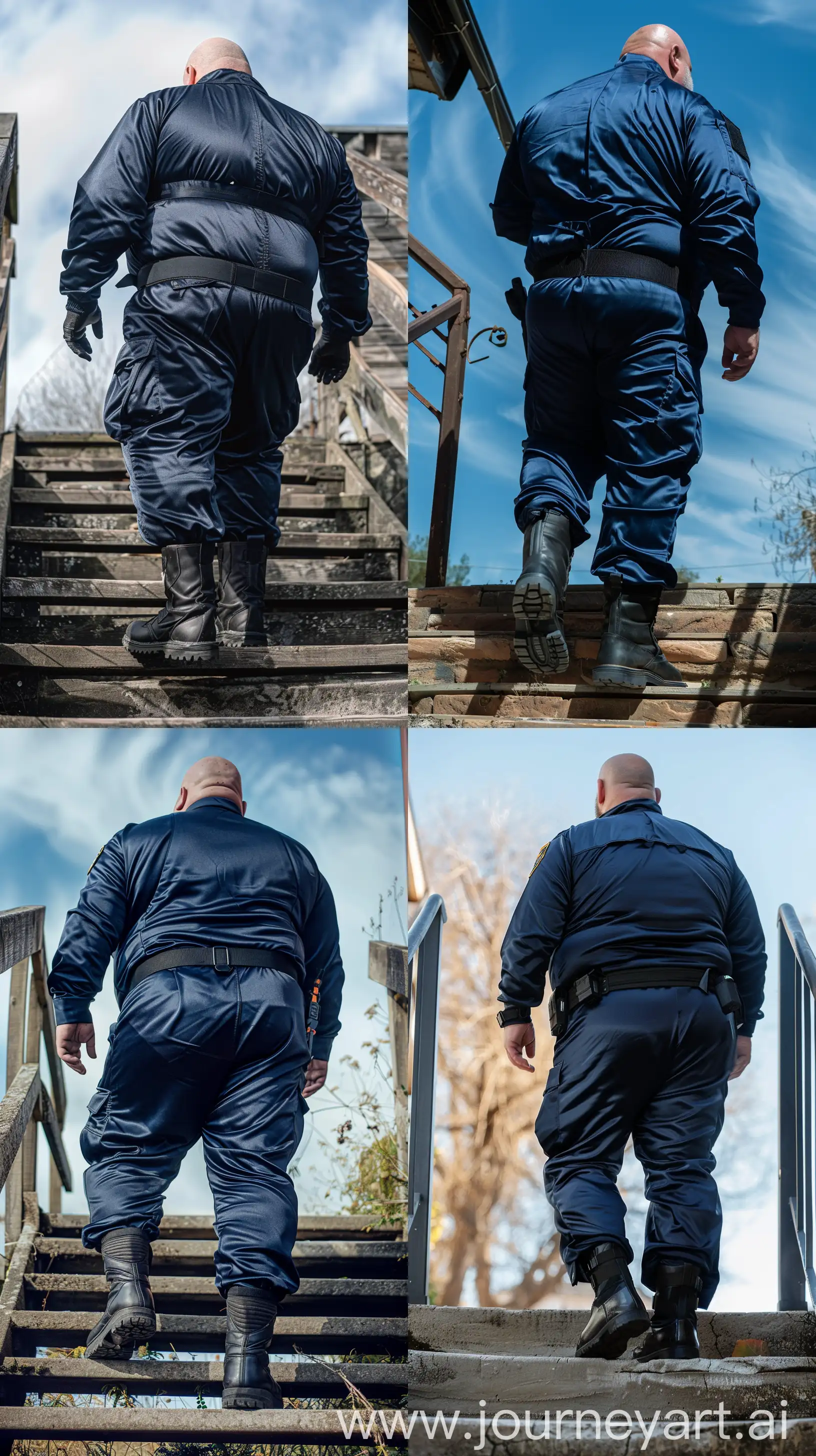 Photo of a fat man aged 60 wearing a silk navy security guard skinny-fitted full coverall tucked in black tactical boots. Black tactical belt. Walking up stairs looking at the sky. Outside. Bald. Clean Shaven. Natural light. --style raw --ar 9:16