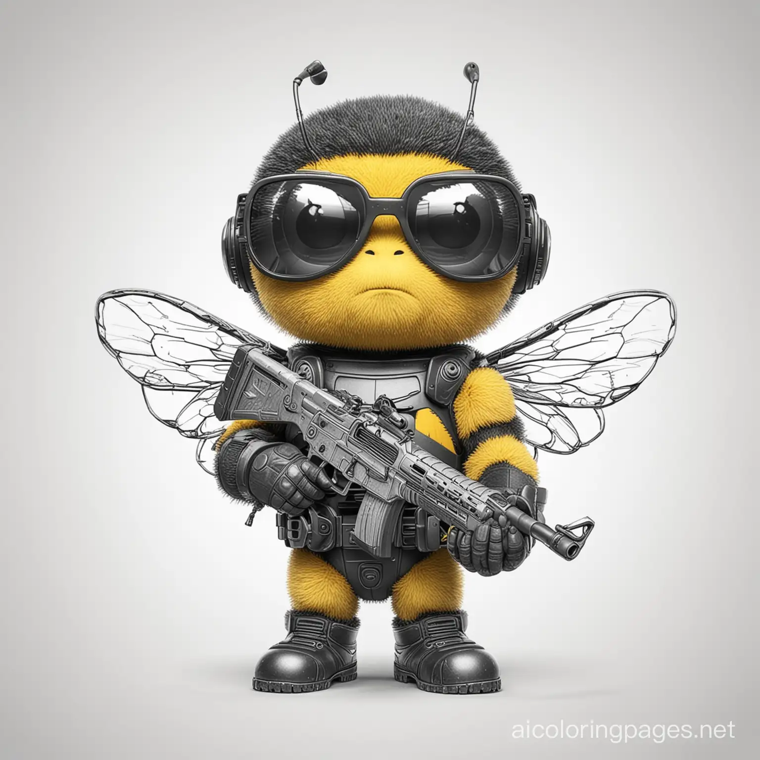  bumble bee with sunglasses and a shotgun, Coloring Page, black and white, line art, white background, Simplicity, Ample White Space. The background of the coloring page is plain white to make it easy for young children to color within the lines. The outlines of all the subjects are easy to distinguish, making it simple for kids to color without too much difficulty