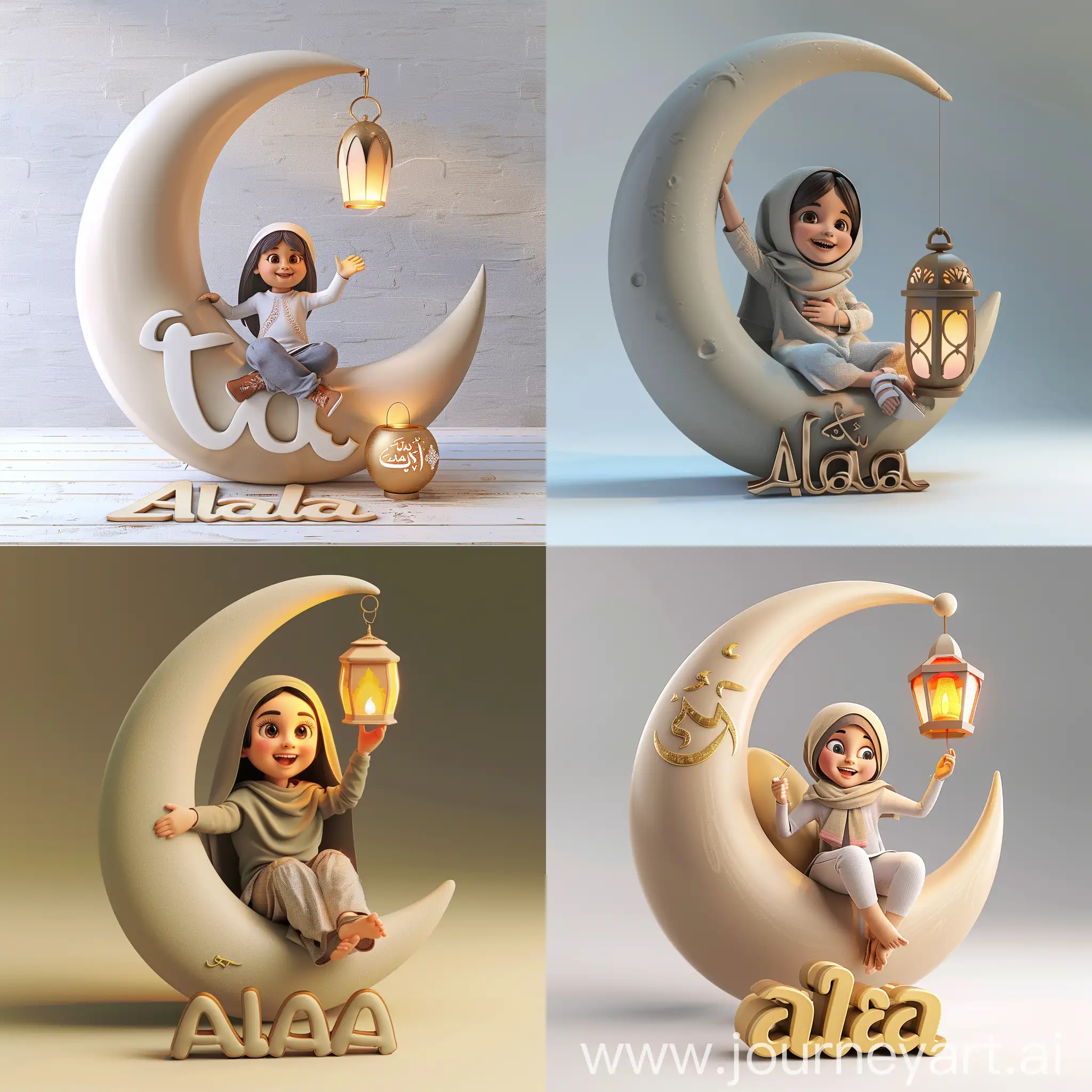 a Muslim girl sitting on a 3d crescent moon holding a Ramadan lantern and smiling, on the ground there is a big 3d text "Alaa"