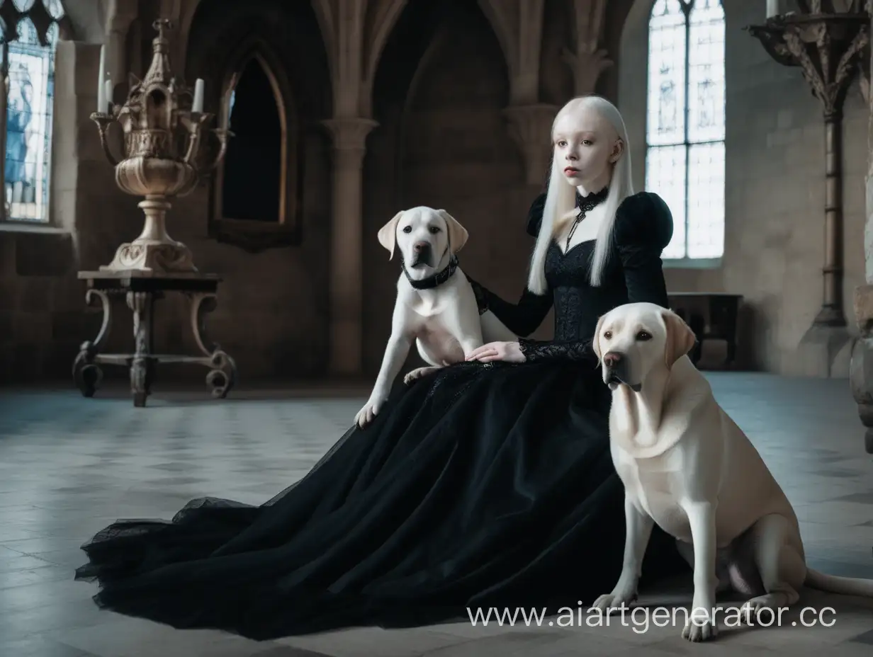 The albino girl in a black gothic dress sits on a chair in the castle. A Labrador sits on her lap.