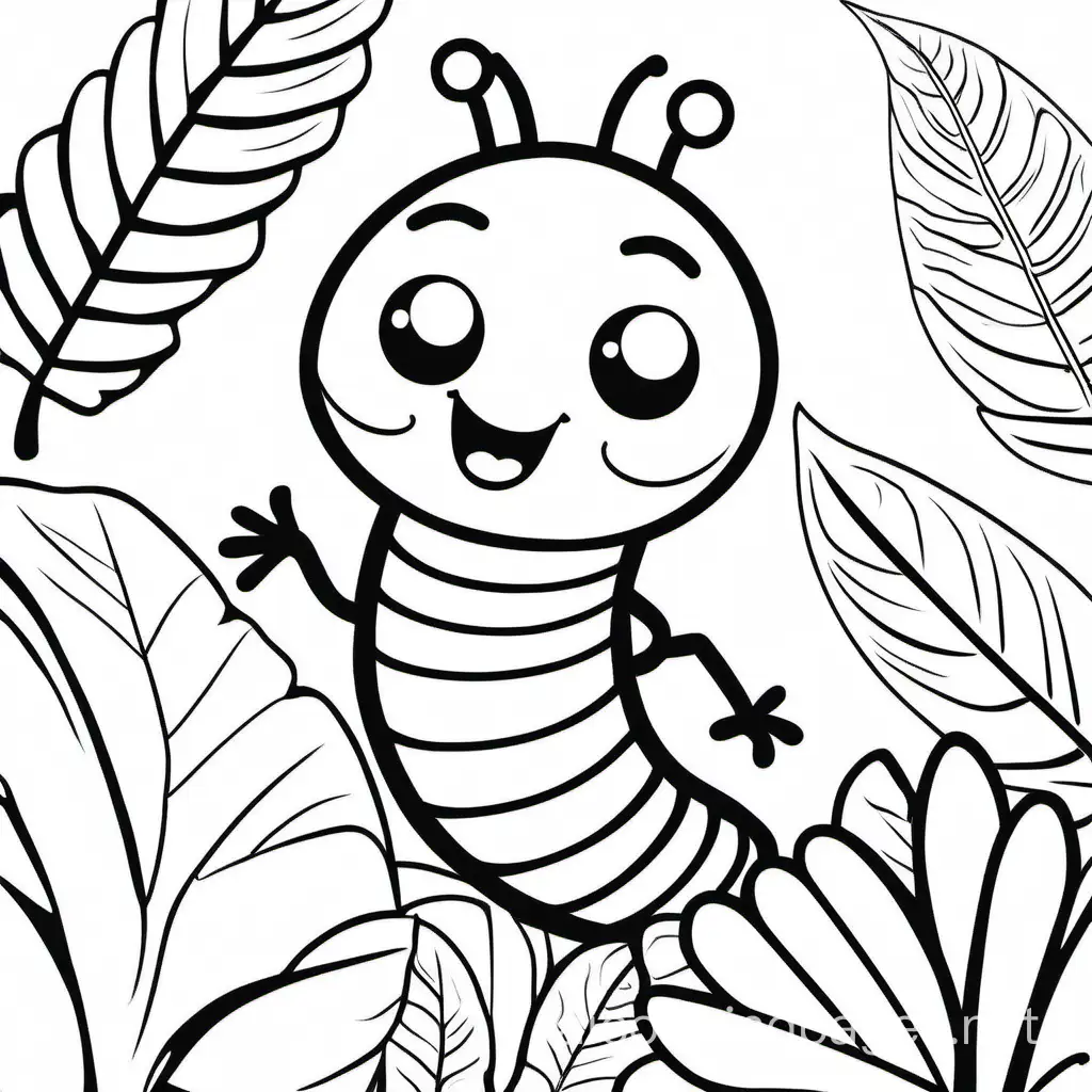 Super cute Caterpillar, with friendly smile, eating leaf, leaves background.
, Coloring Page, black and white, line art, white background, Simplicity, Ample White Space. The background of the coloring page is plain white to make it easy for young children to color within the lines. The outlines of all the subjects are easy to distinguish, making it simple for kids to color without too much difficulty
