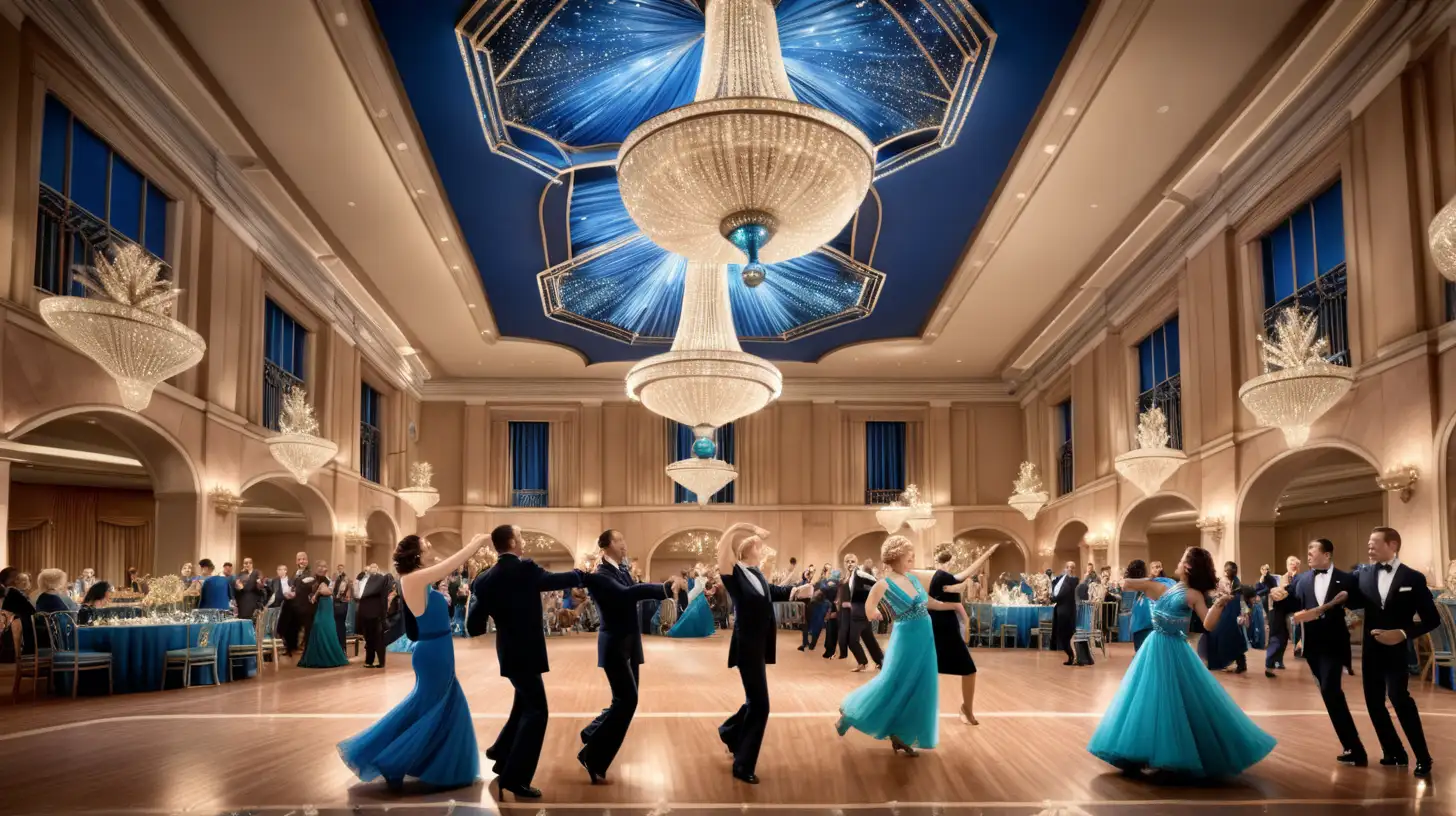 Elegant Christmas Ballroom Dance Under Sparkling Blue Art Deco Chandeliers