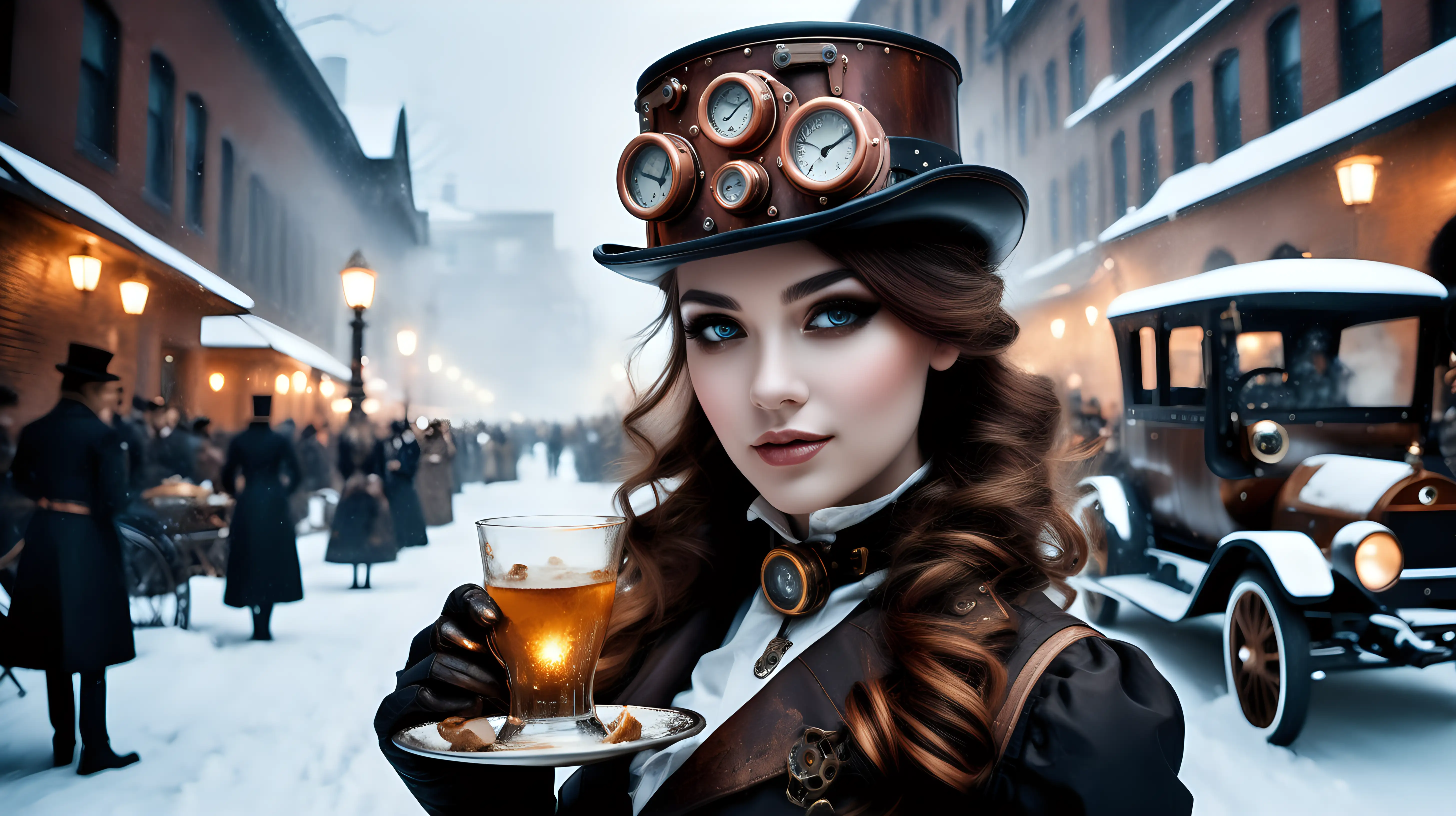 Photo real face_Steampunk willd street party beauty face  toast steam cars winter snow darkness soft light