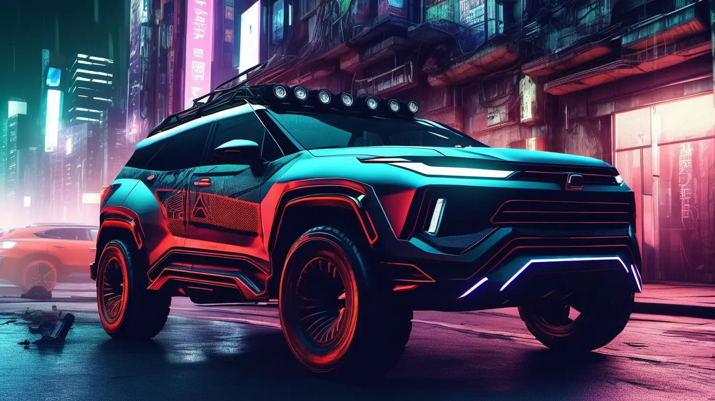 a sporty and robust suv in a cyberpunk city at night.
