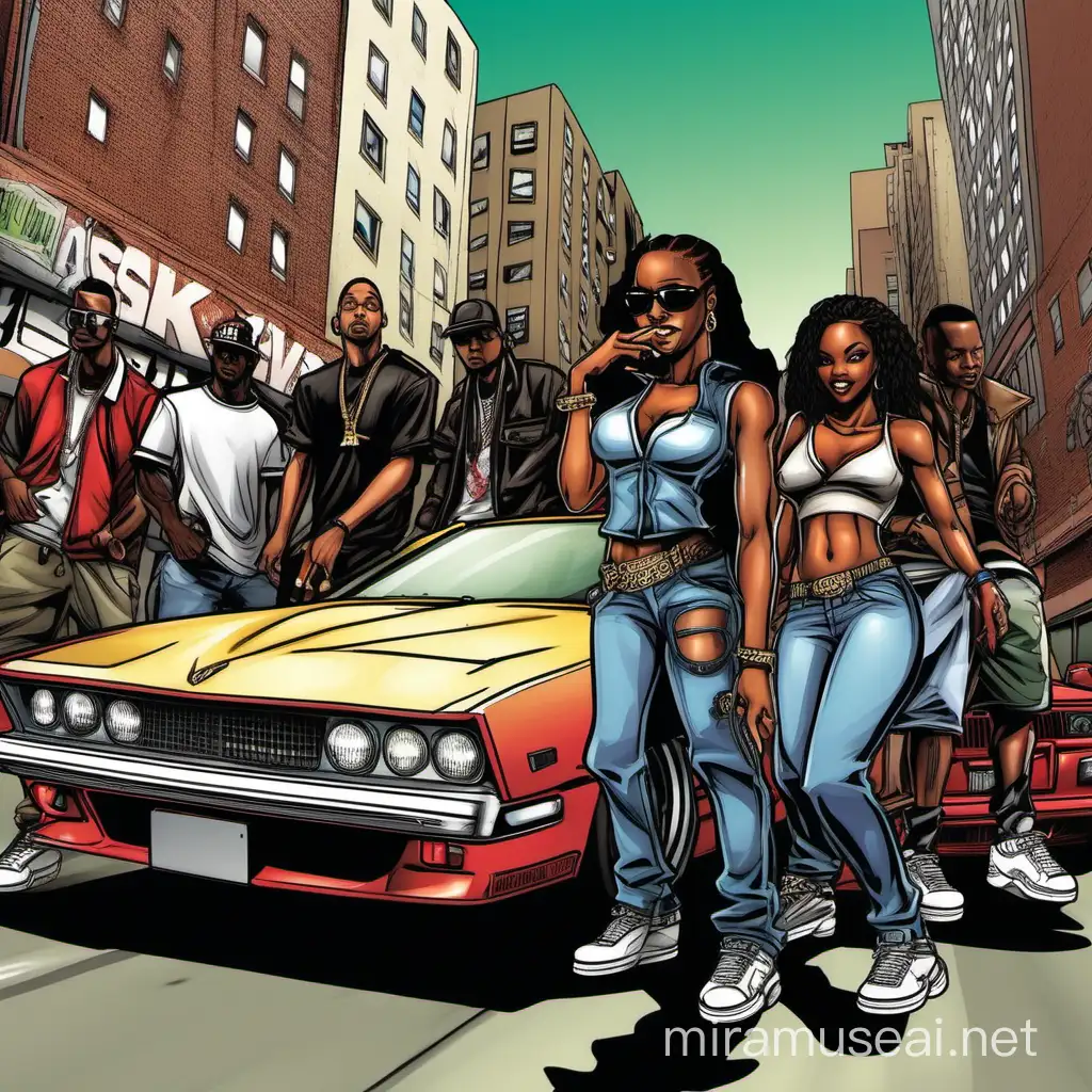 Racing Rappers and Stunning African American Women in Vibrant Cityscape