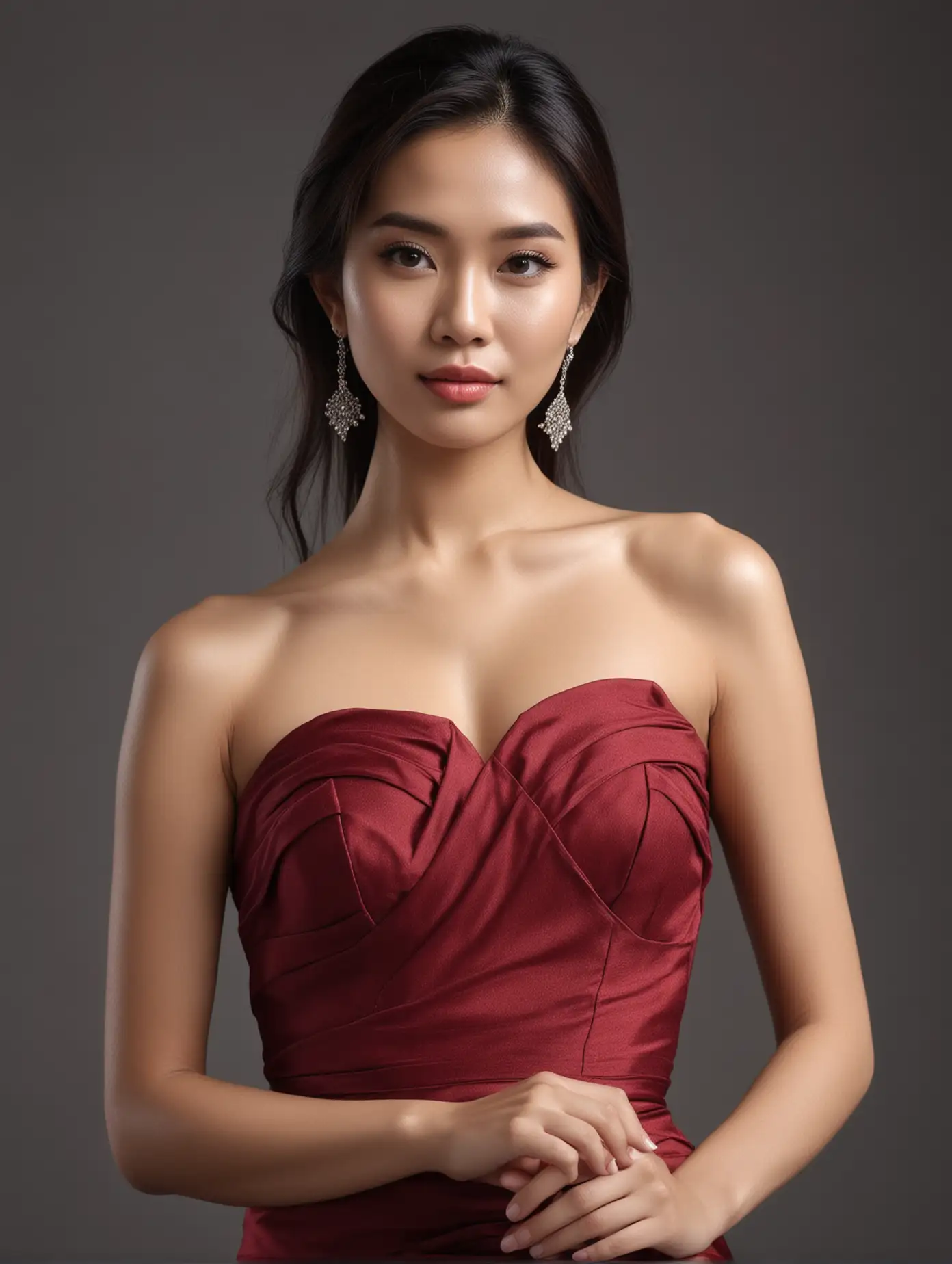泰国女模特，穿着暗红色礼服，单色的背景，逼真，4k高清，