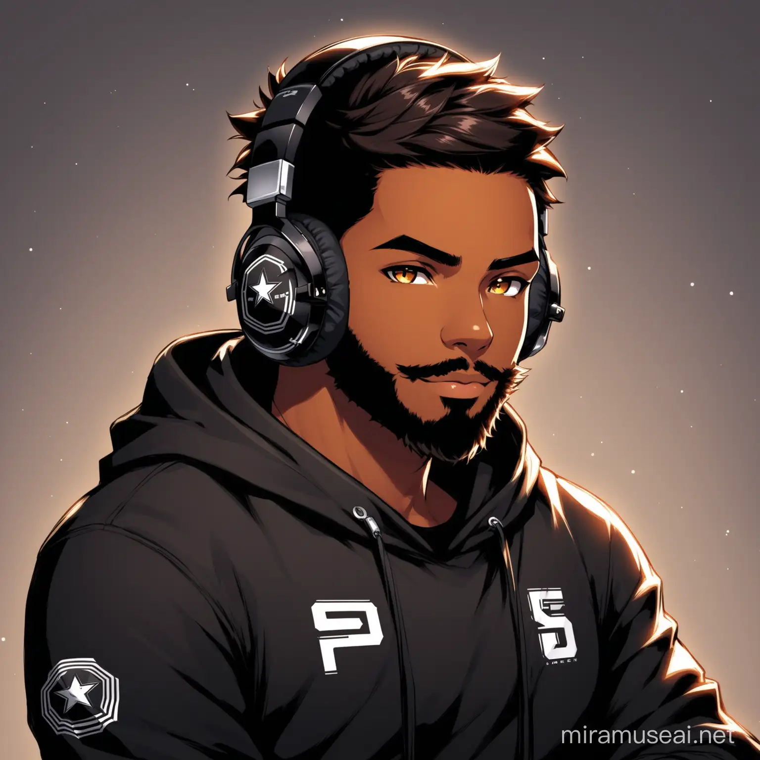 gamer profile style picture,  short beard, fps gamer, headphones, dark hair, darker skin, black jaquet