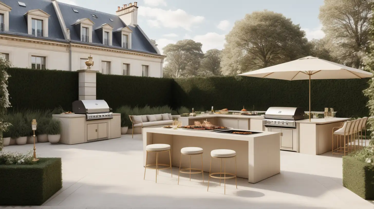 Hyperrealistic image of a modern Parisian estate outdoor entertaining area; bbq; surrounded by gardens; view of the pool;  beige, light oak, brass, ivory colour palette