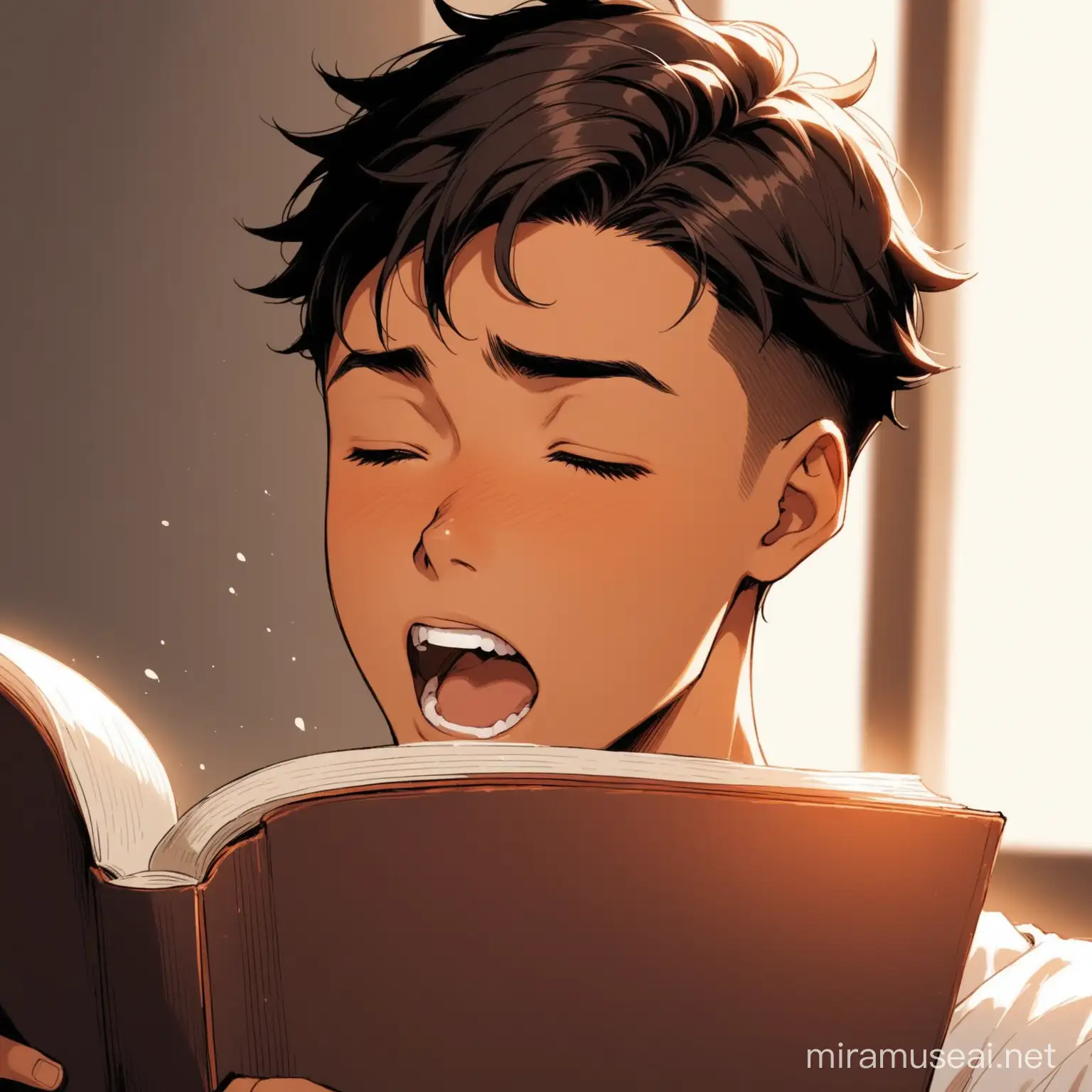 Handsome DarkSkinned Teenage Boy Yawning While Reading