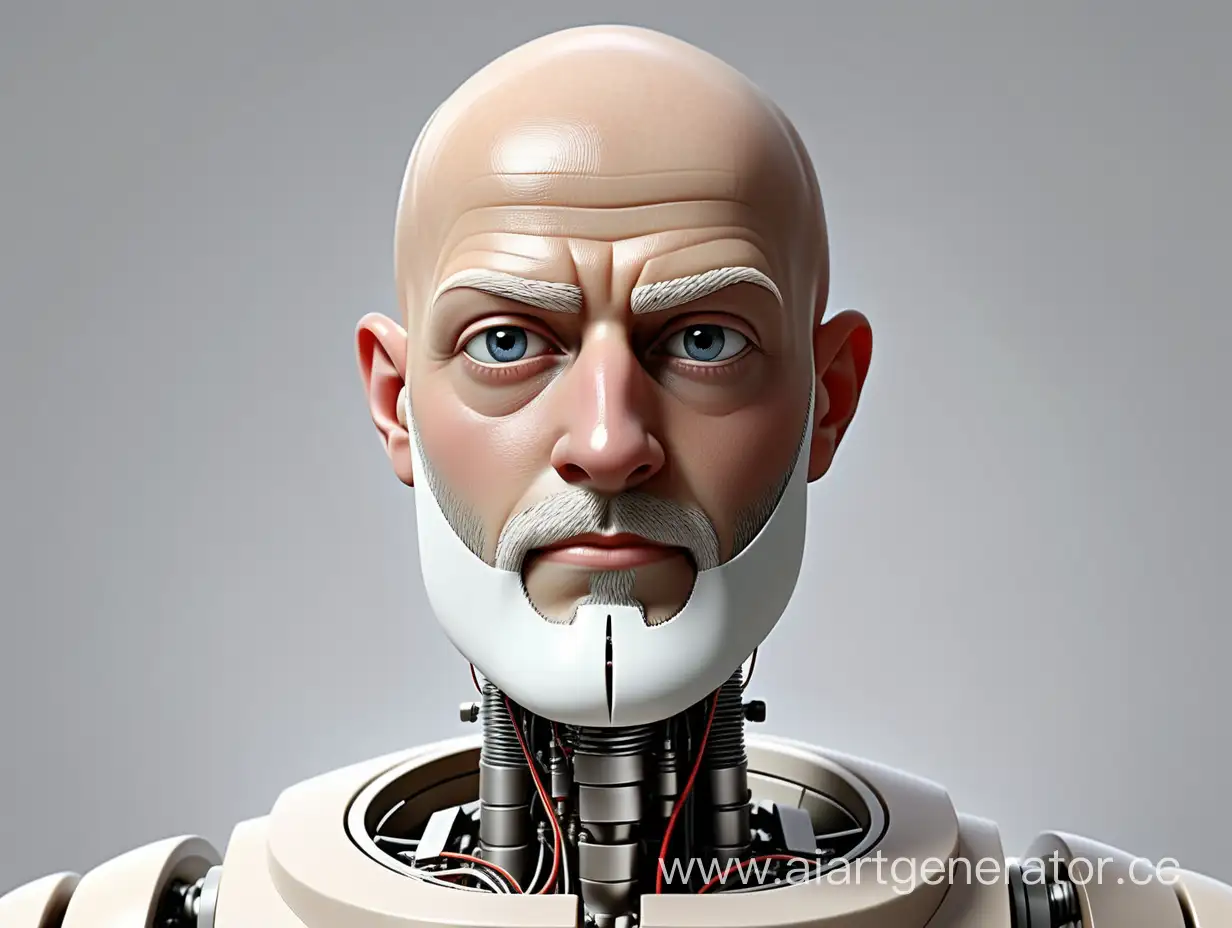 лысый искусственный интеллект с узкой маленькой белой прямой бородкой посередине подбородка, без усов.