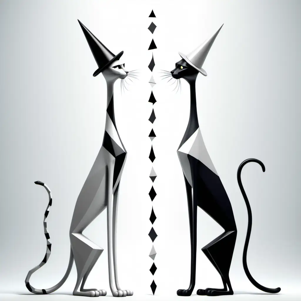 two abstract tall skinny cats with hats all in triangles long neck silver, white, black glaring at each other