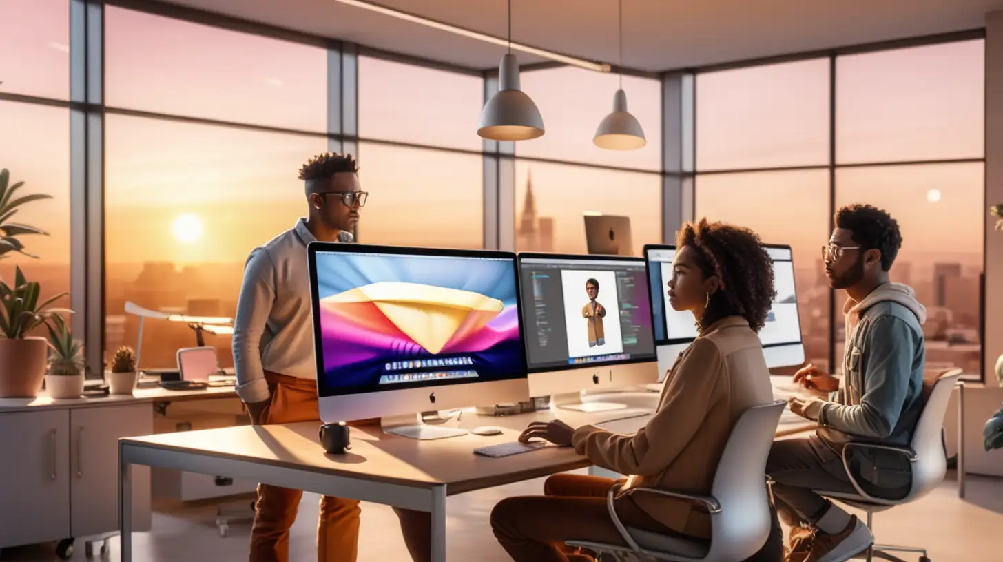 Create a realistic 3D animation, of 3 user experience designers, with brown skin colour. They are in a modern office environment and are looking at 3 different Apple iMacs, which have app designs on their computer screens. There is a sunset light background coming through the office window which is behind them. 