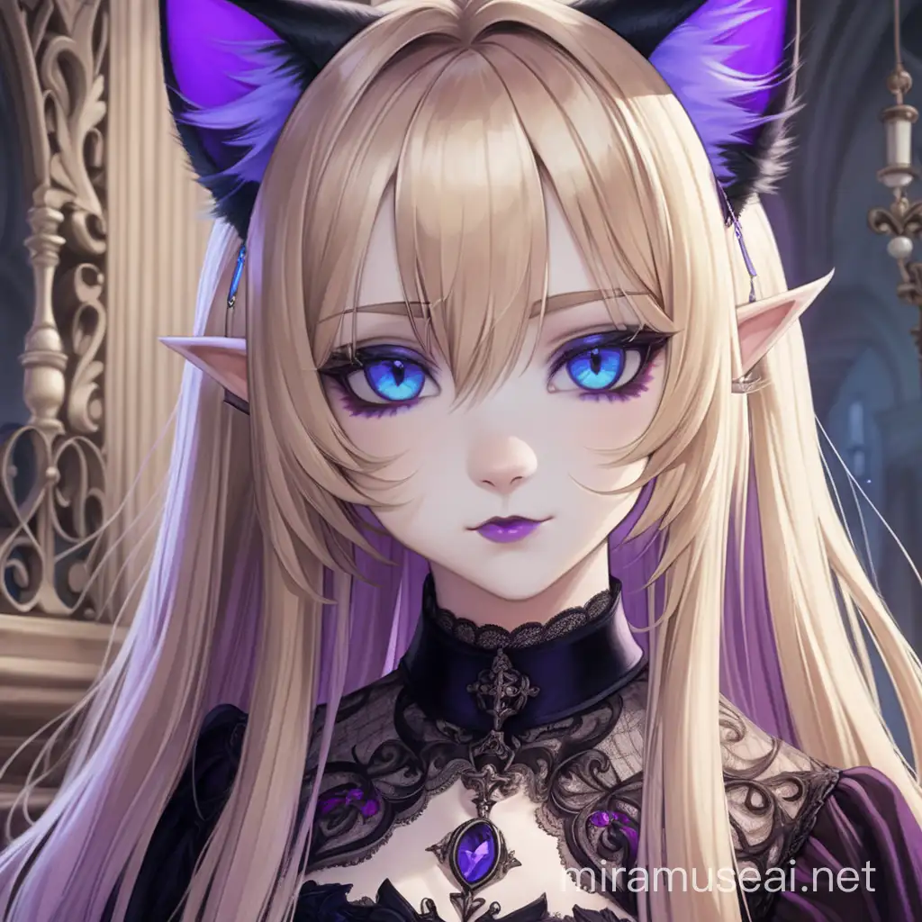 Gothic Woman with Long Blonde Hair Blue Eyes and Purple Cat Ears