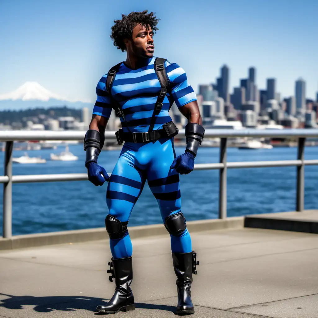 muscular black man, very short curly hair, navy blue pacific blue skintight horizontal striped costume, tech glove and boots, jetpack, tech tail, Seattle city, day