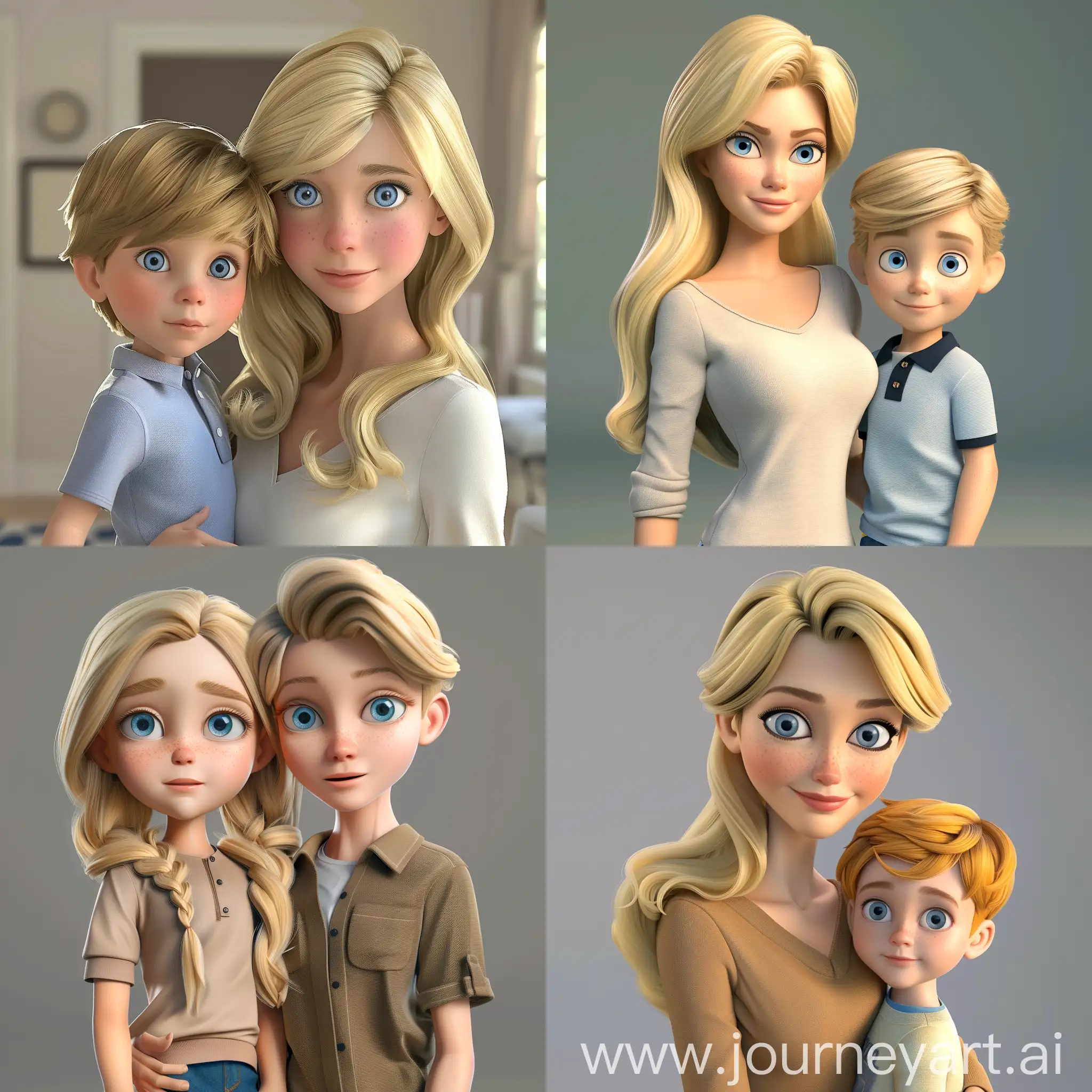 Generate an image of 32-years-old woman with 1,5-year son. Both russian, blond and with blue eyes. 3D pixar image. 