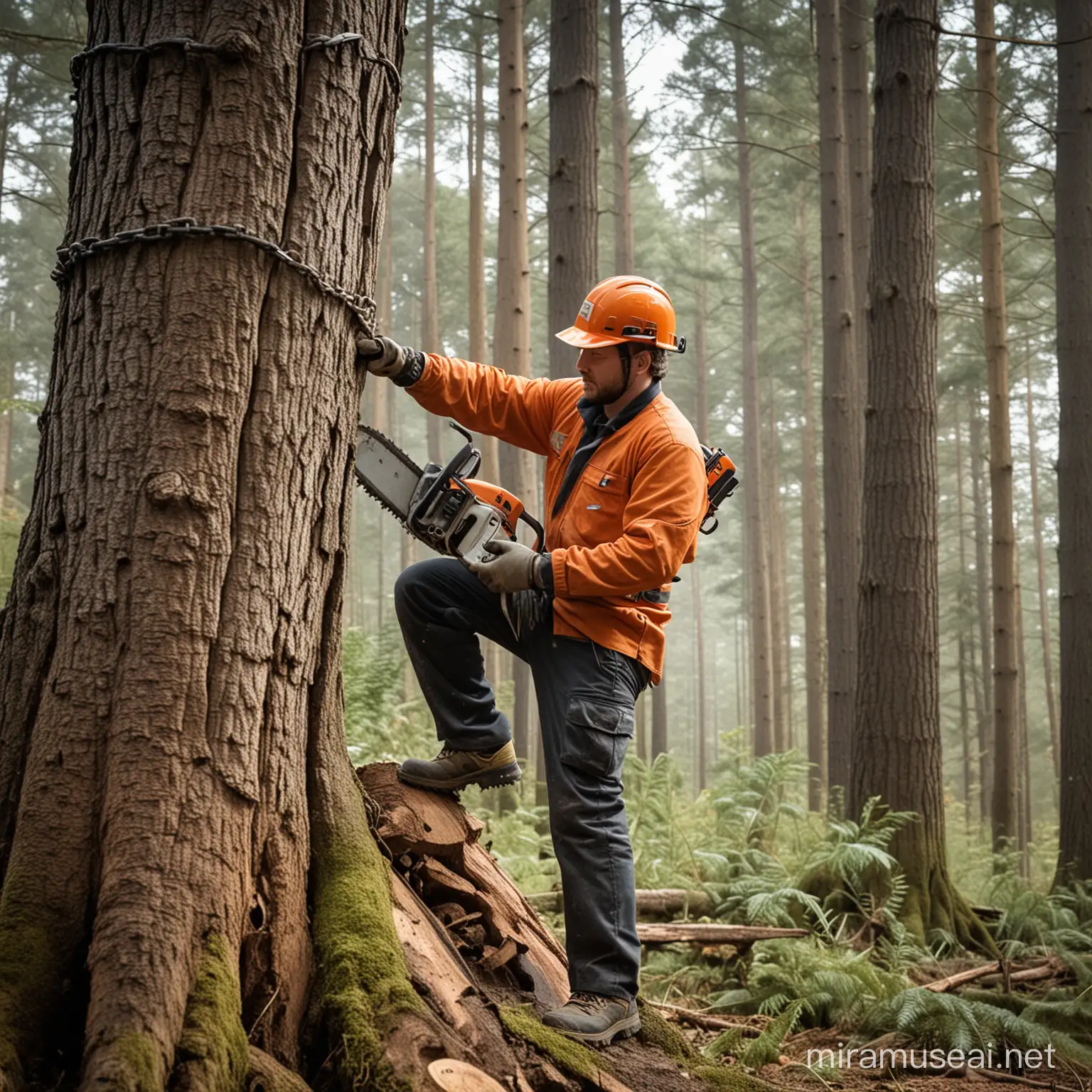 A chainsaw operator, felling a huge tree in the forest with back straight,  one hands above shoulder level, standing on one straight leg with one knees  bent.