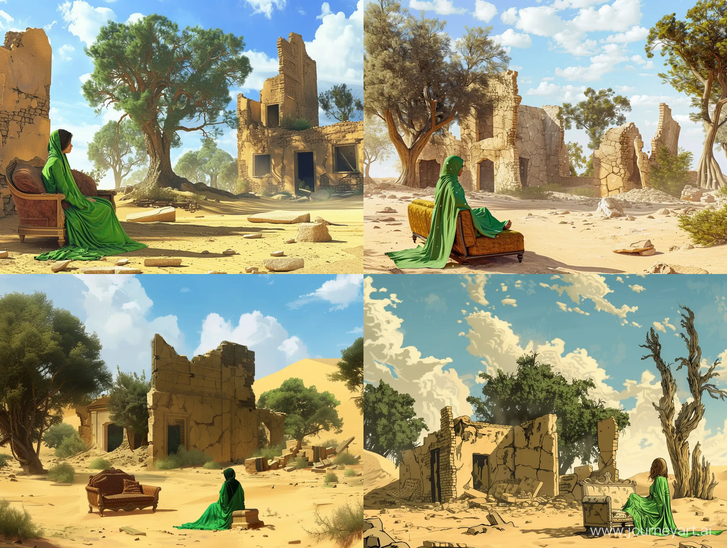 There are a ruin house on desert. In front of it, a woman in green sat on sofa and looks at the trees.