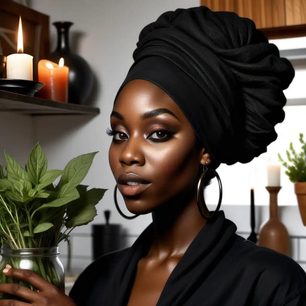 Please create a hyper realistic image of a beautiful black woman. She is almond complextion. She has a hoop nosering. She is dressed in Black. Her long hair is in a headwrap. She is in her kitchen with her herbs and a candle practicing hoodoo.