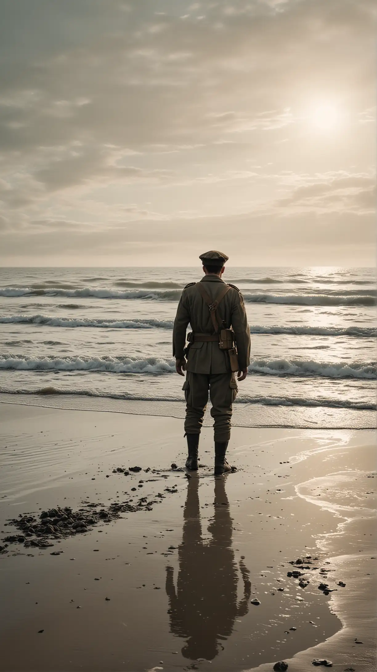 In the style of the movie "Dunkirk", a lone soldier stands on a  a beach.