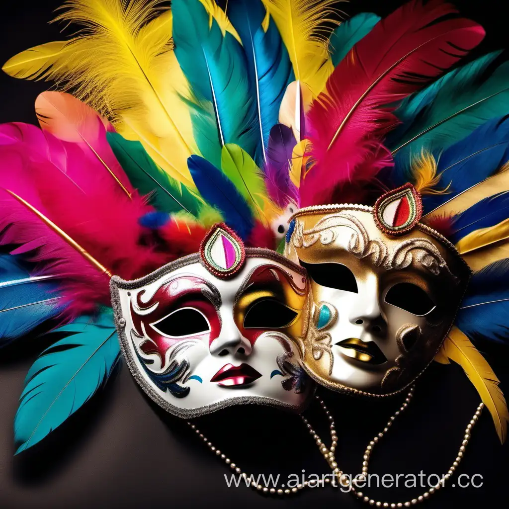 роскошный и шикарный карнавал как фон с разноцветными перьями в диковинных масках