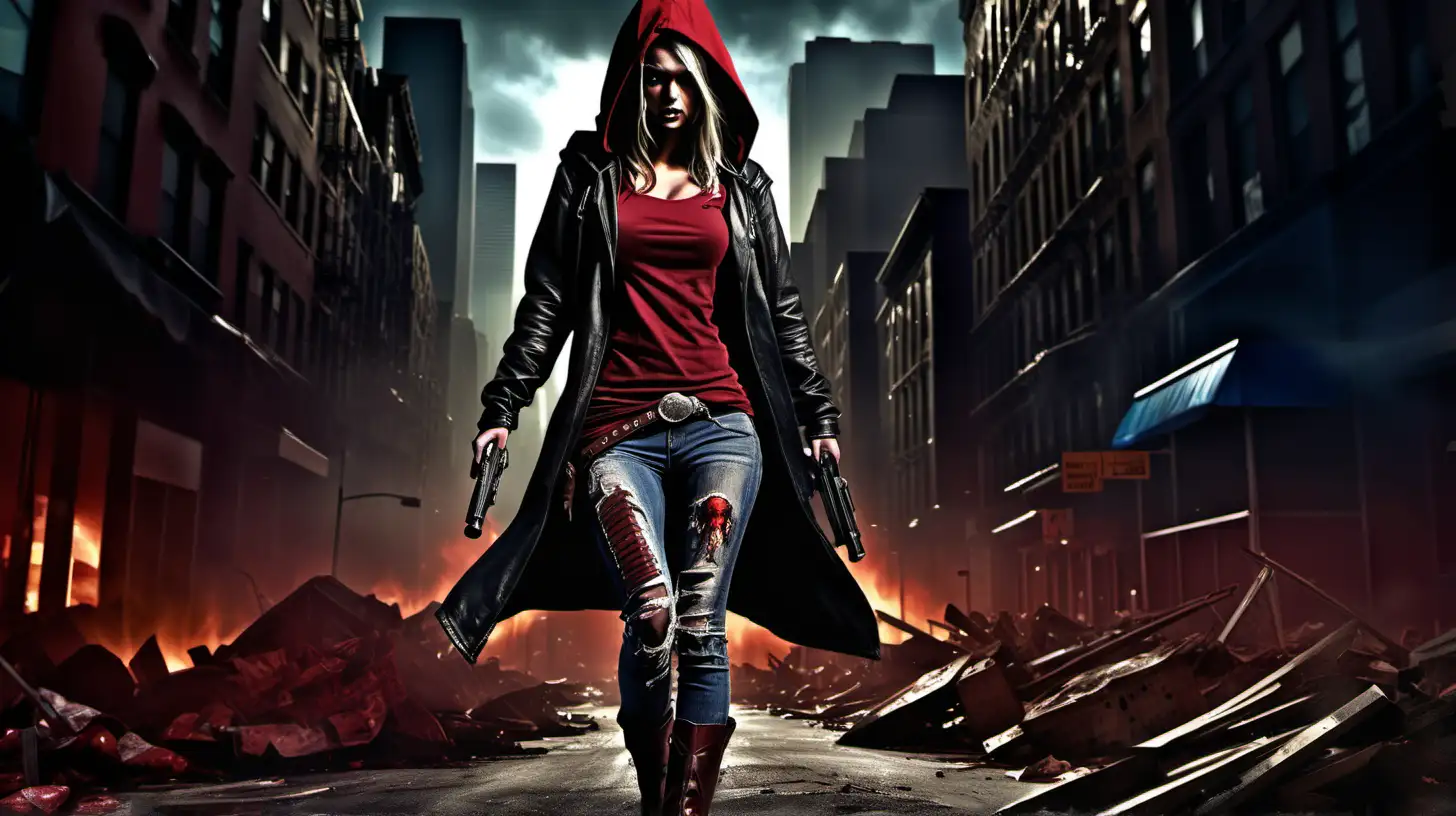 A  survivor of the zombie apocalypse Wielding 2 shotguns and a Bandolier slung across her shoulder, Wearing a dark red hoodie with hood down and a black leather jacket on top of hoodie, Ripped blue jeans and brown worn cowboy boots, walks through the streets of Manhattan at night during apocalyptic times  Surrounded by fire and destruction, extreme detailed digital art dramatic lighting.