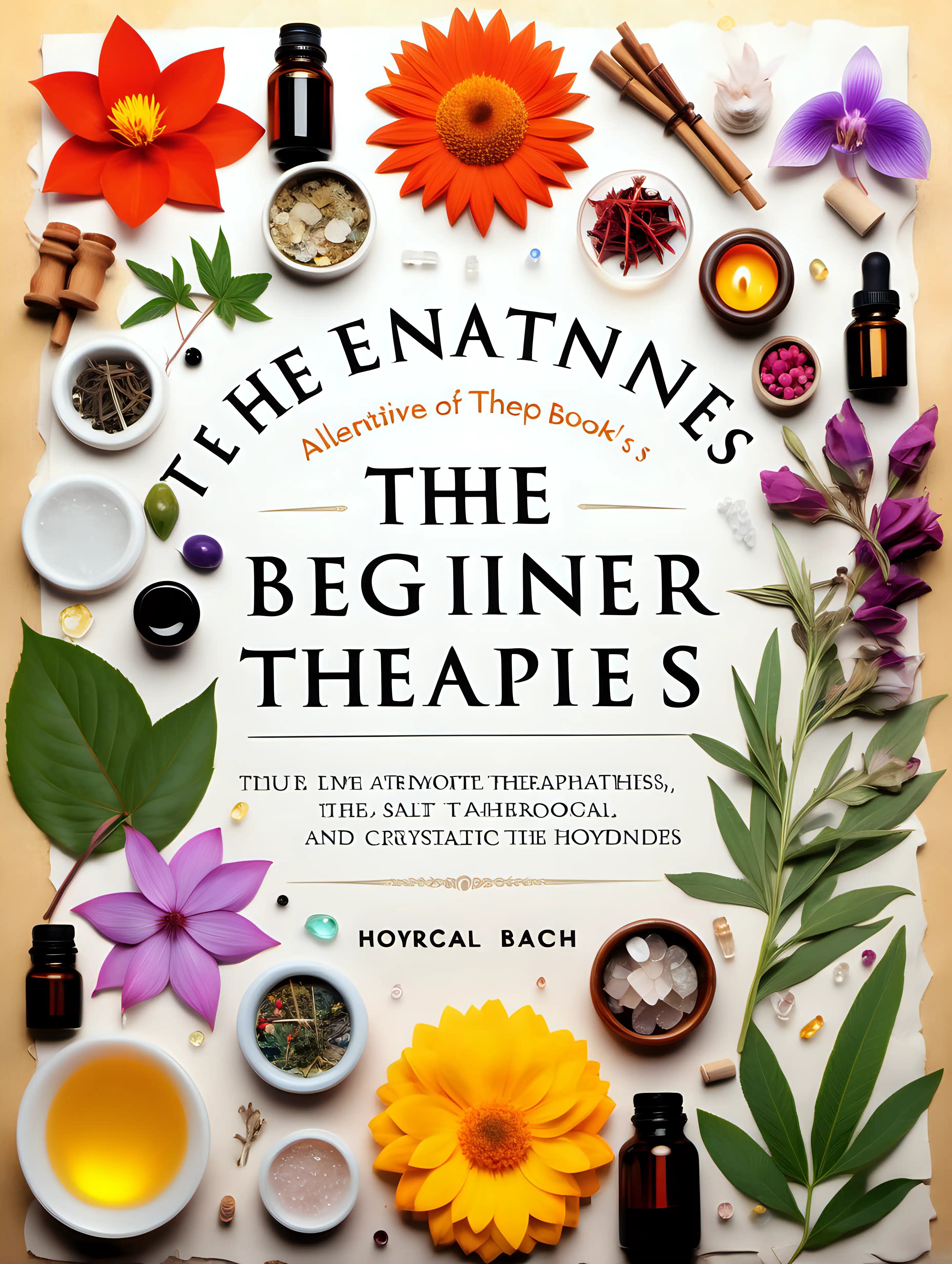 Create a book cover with a photorealistic collage image depicting icons of multiple alternative therapies such as aromatherapy, apitherapy, somatic therapy, herbalism, qi gong, hydrotherapy, bach flower remedies, salt therapy, crystal therapy, and color therapy. Please leave lots of room in the middle for the title and subtitle. The title is "The Beginner's Guide to Alternative Therapies"
