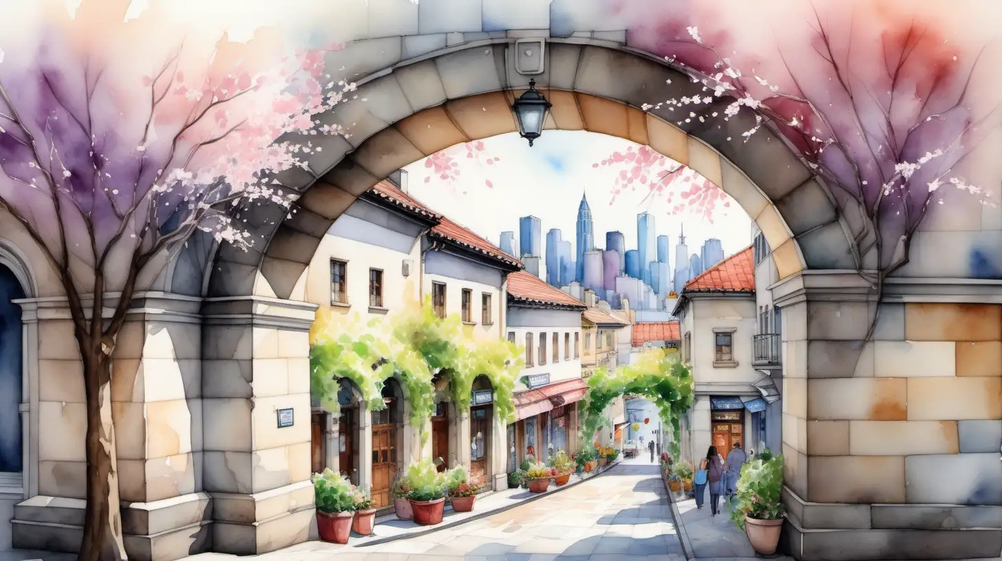 Vibrant Spring Cityscape Watercolor Blooming Archway and Lively Streets