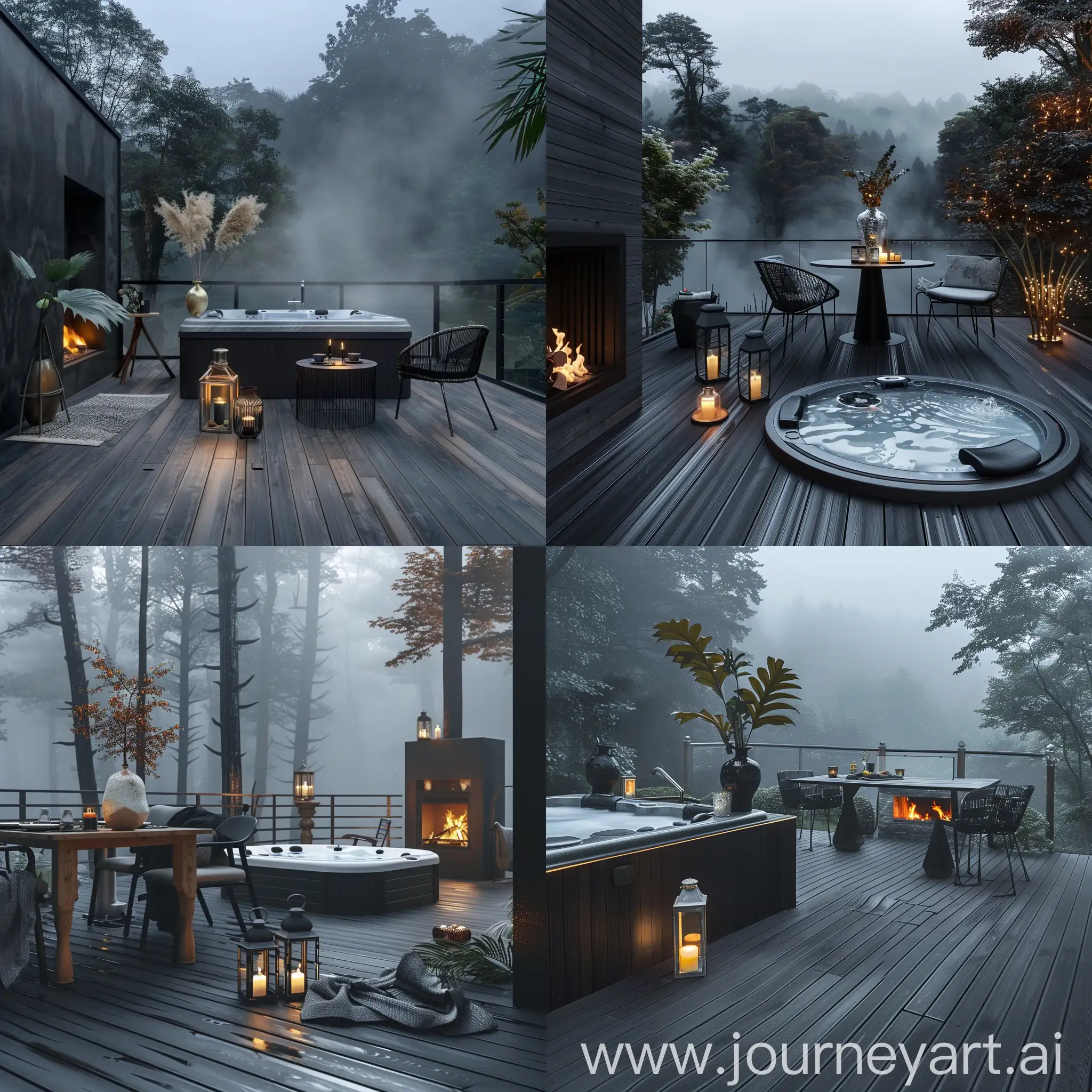 A black gray terrace, wooden laminate floor, soft lighting, lantern and vase, table and chair, hot water jacuzzi, decoration, electric fireplace, in the misty tropical forest, real photo