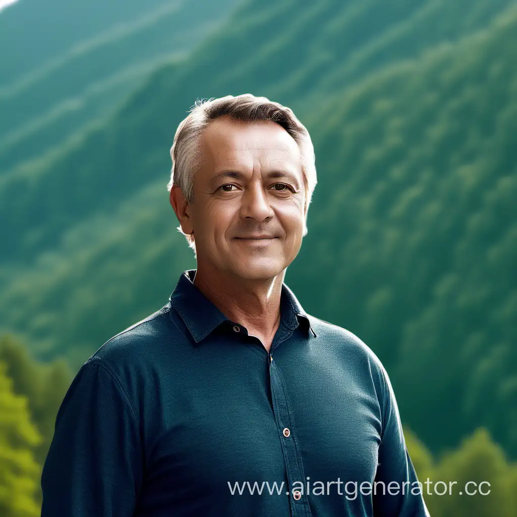 Generate a photo of a middle-aged man standing against a backdrop of nature.