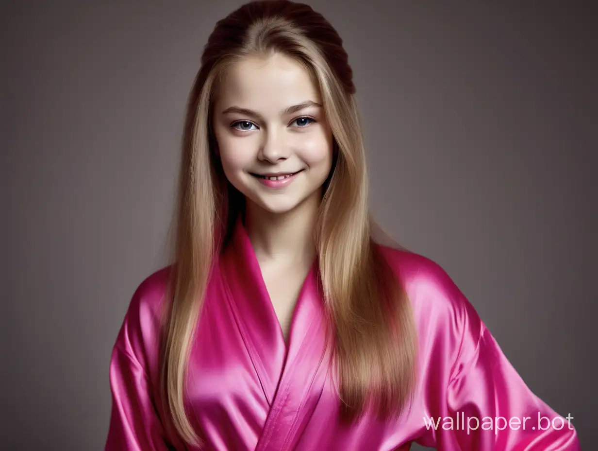 Yulia Lipnitskaya with long straight silky hair Smiling in Luxury Pink fuchsia Silk robe