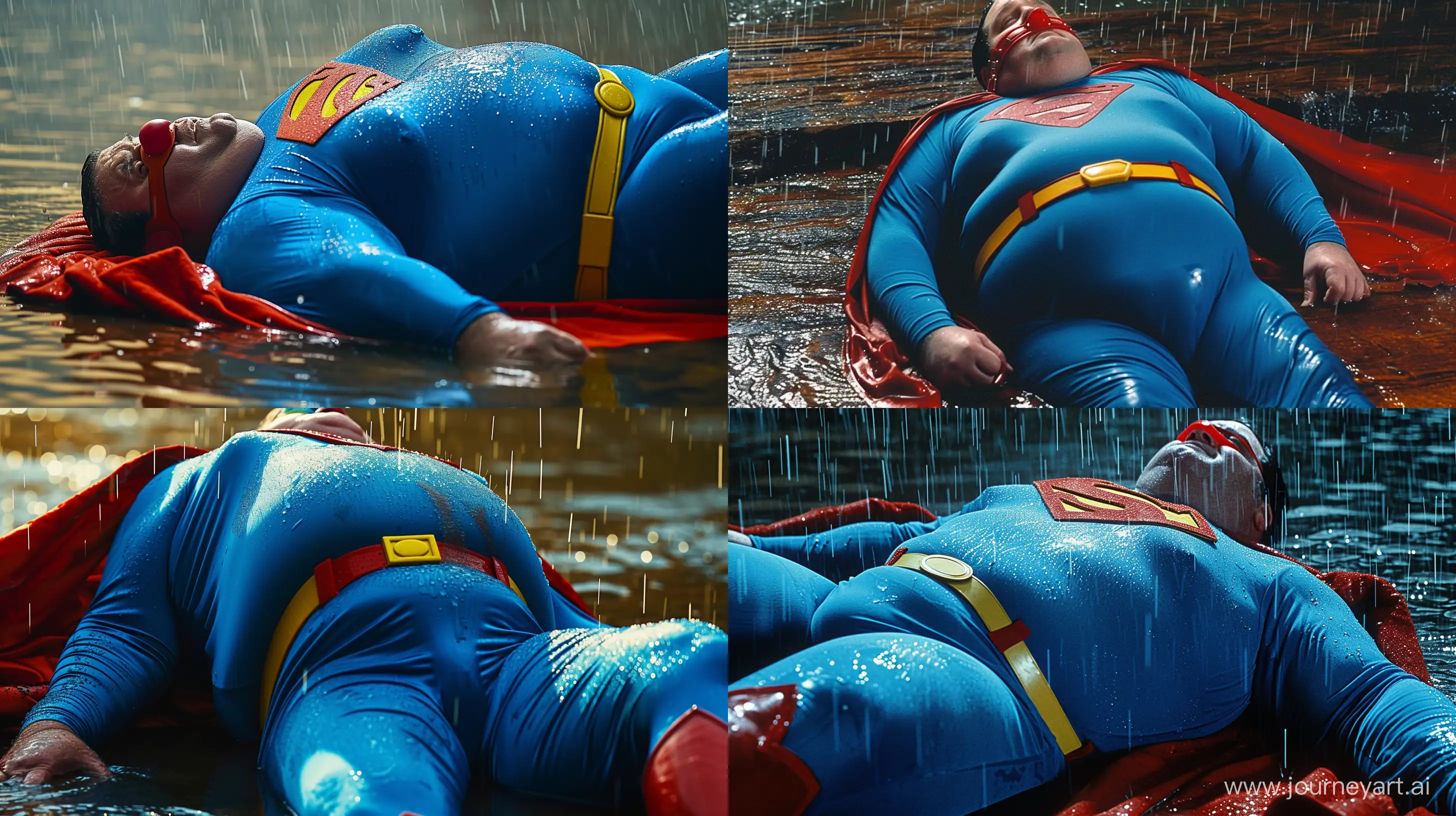 Close-up photo of a fat man aged 60 wearing a tight blue 1978 smooth superman costume with a red cape and tight red gag on the mouth lying in the rain. Blue shirt. Blue pants. Red boots. Red Trunks. Yellow Belt. Natural Light. River. --style raw --ar 16:9