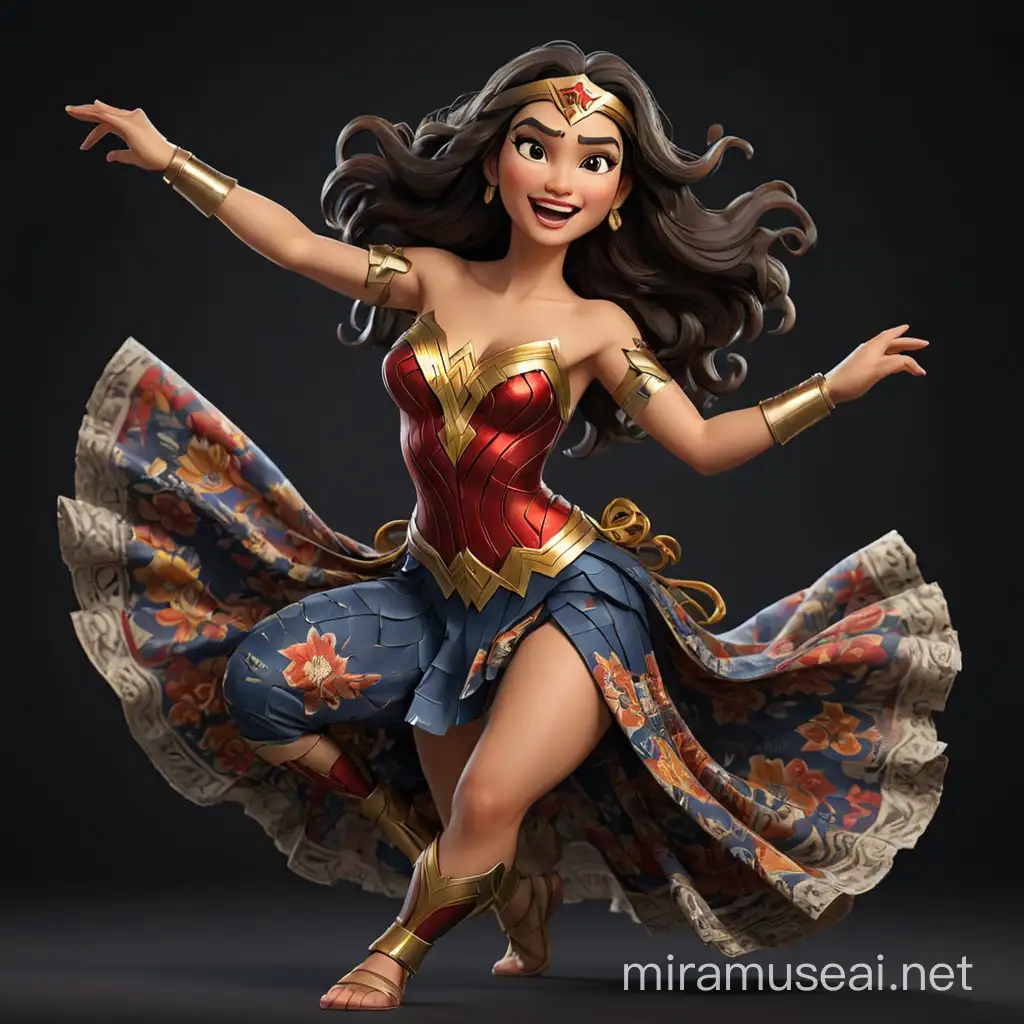 make a 3D animation caricature photo, Wonder Woman is dancing a indonesian traditional dance with indonesian batik, full body from head to toe, high contrast, black background