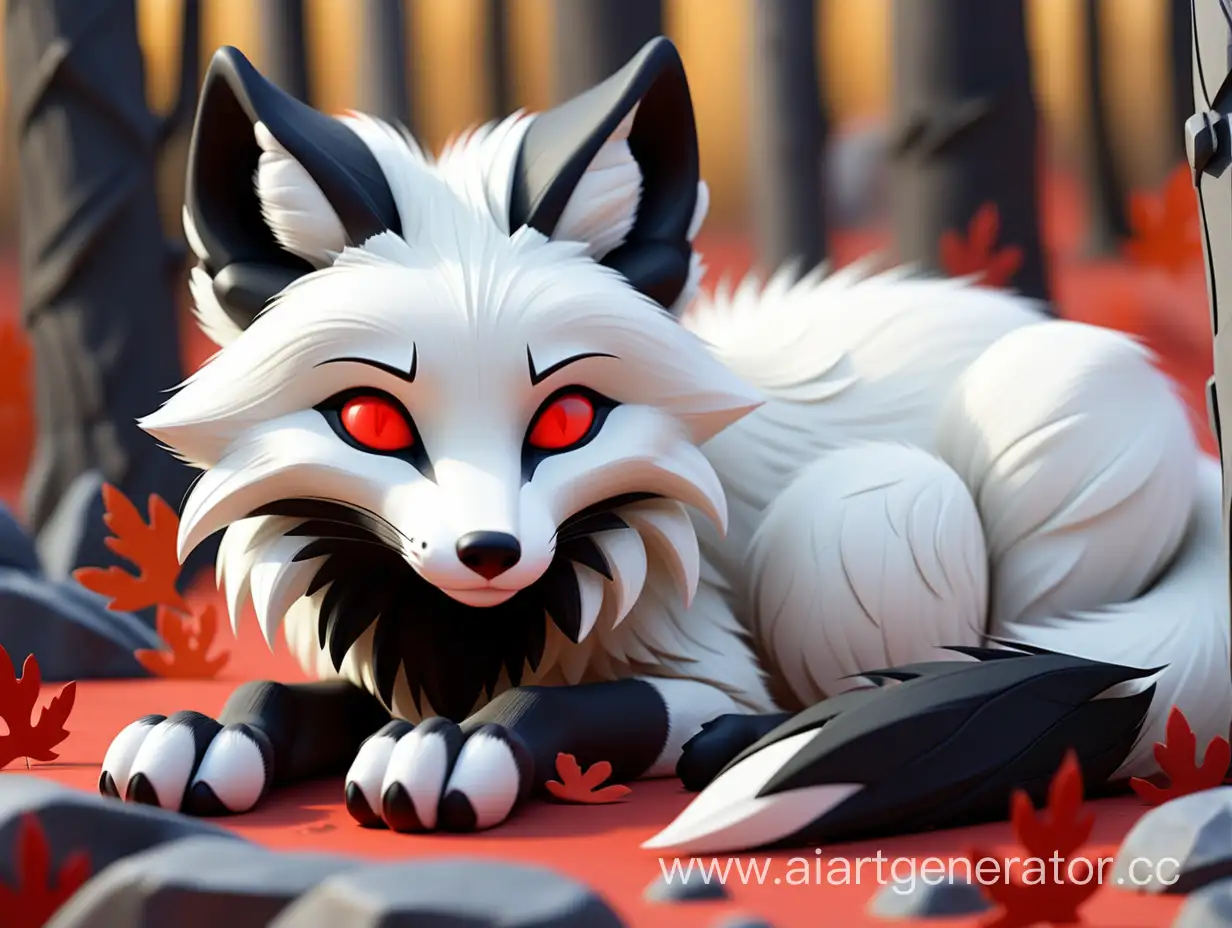 Elegant-White-Fox-with-Striking-Black-Features-Rests-in-Serene-Slumber