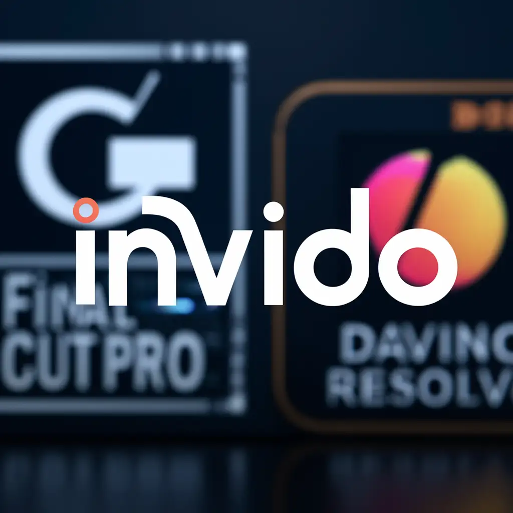 логотип компании по создании видеомонтажа, на главном плане надпись- InViDo. на втором плане значок программы Final Cut и Davinci Resolve
