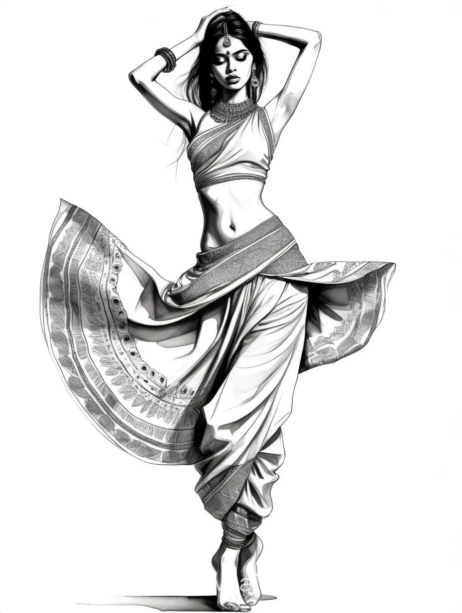 Girl in an unusual pose, fashion drawing in Indian style