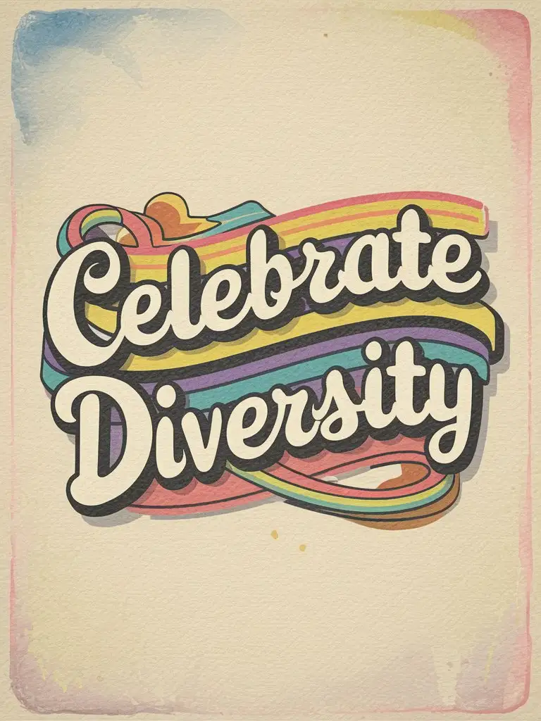 T-Shirt logo design. Retro text "Celebrate Diversity".

Tone: Vibrant and Rainbow.
Style: Retro Watercolour. Vector.