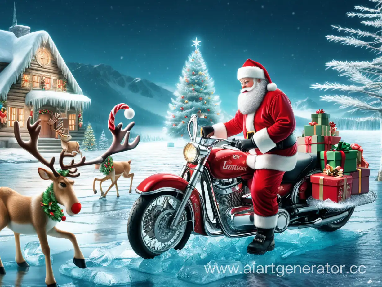 Frozen-Motorcycle-Ride-Santa-Claus-on-a-Reindeer-with-Christmas-Tree-Garland-2024