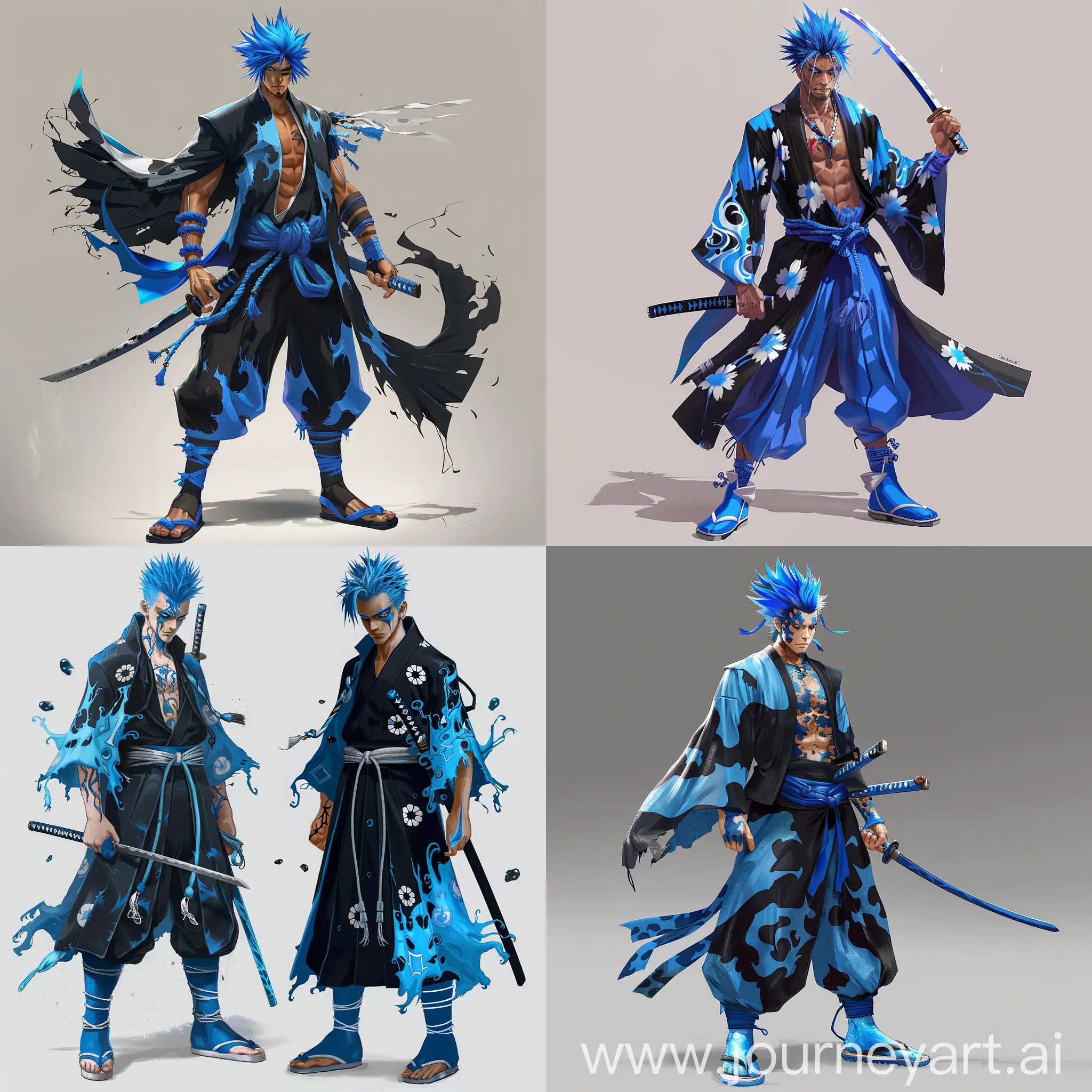 Create a detailed character concept art featuring a man with  blue hair, Blue shoes, bleach style black and blue costume and a katana in hand 